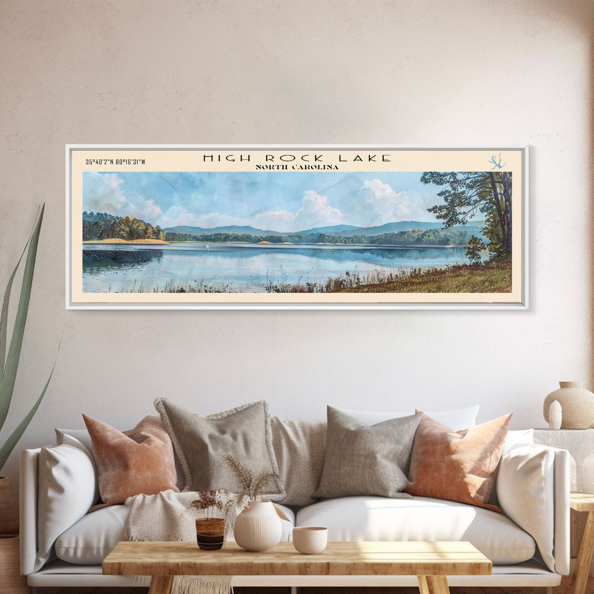 High Rock Lake North Carolina Framed Canvas Print, Panoramic Lake House Decor, Wall Art, Travel Poster, Peaceful Lake Painting, Nature Art