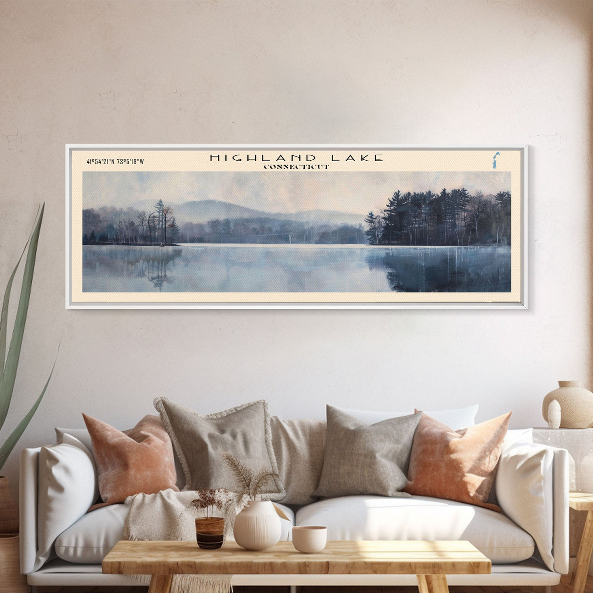 Highland Lake Connecticut Framed Canvas Print, Lake House Art, Panoramic Wall Art, Travel Poster, Scenic Lake Painting, Home Decor