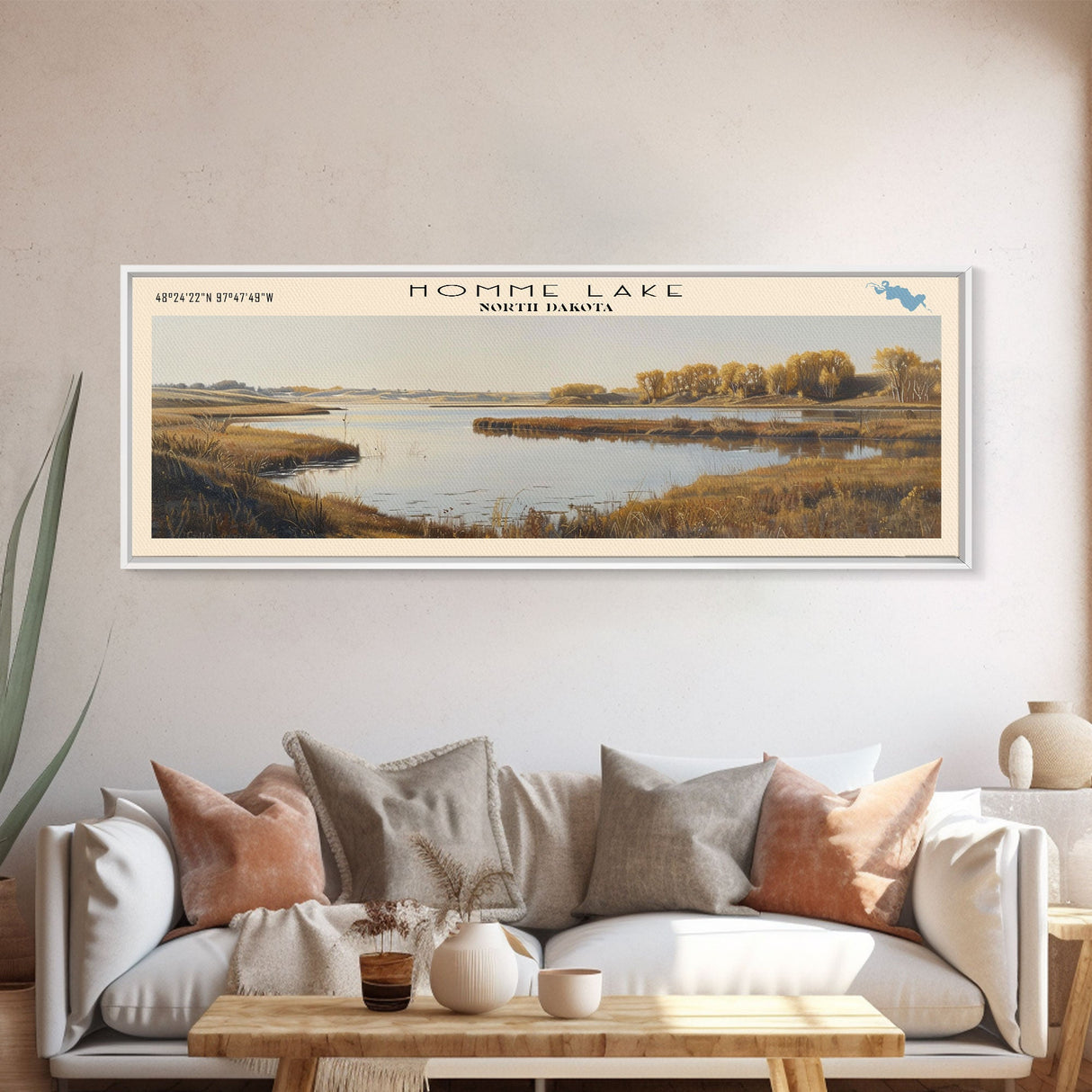 Homme Lake North Dakota Framed Canvas Print, Lake House Decor, Panoramic Wall Art, Travel Poster, Beautiful Lake Painting, Nature Art