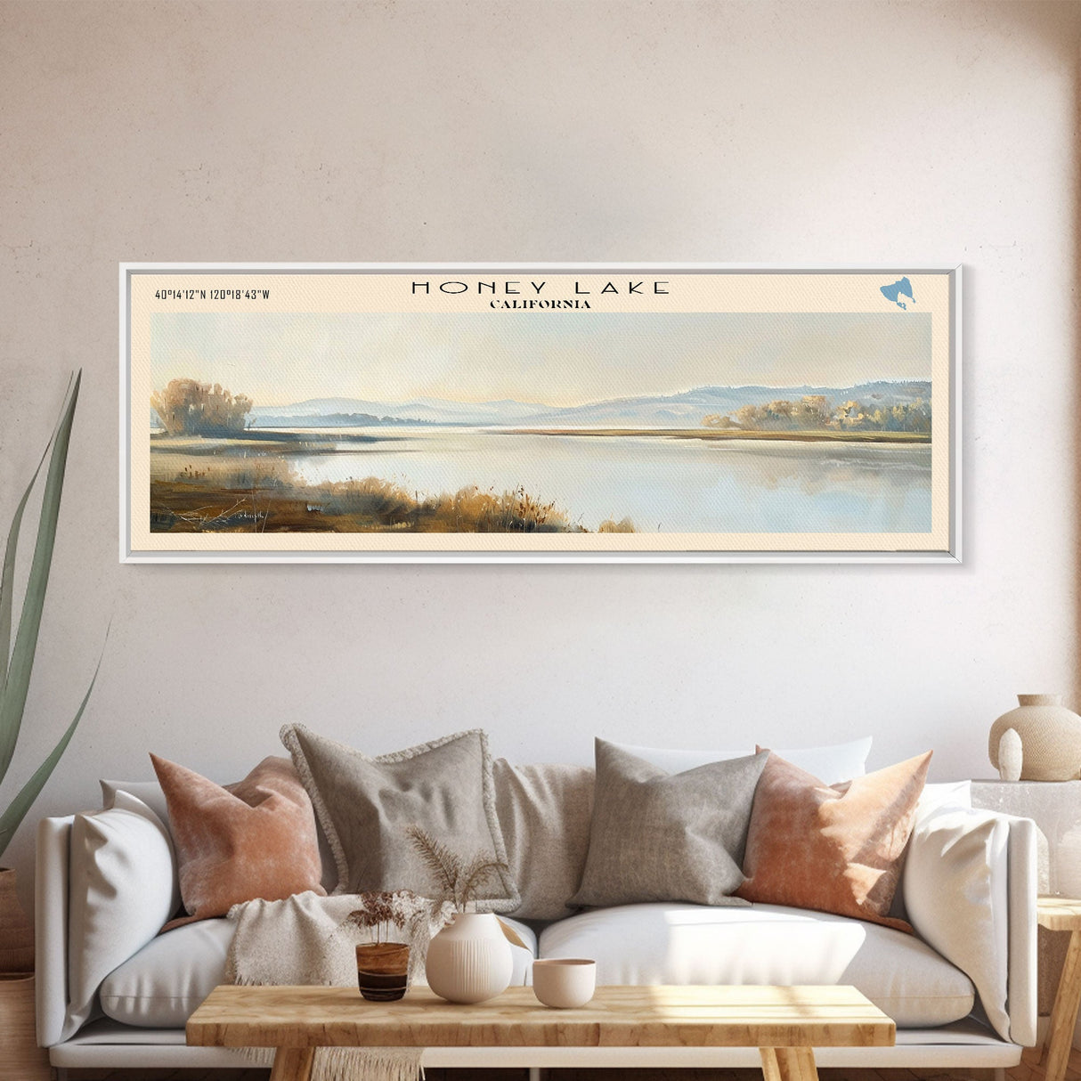 Honey Lake Framed Canvas Print, Lake House Art, Panoramic Travel Poster, Wall Art, Stunning Lake Painting, Home Decor