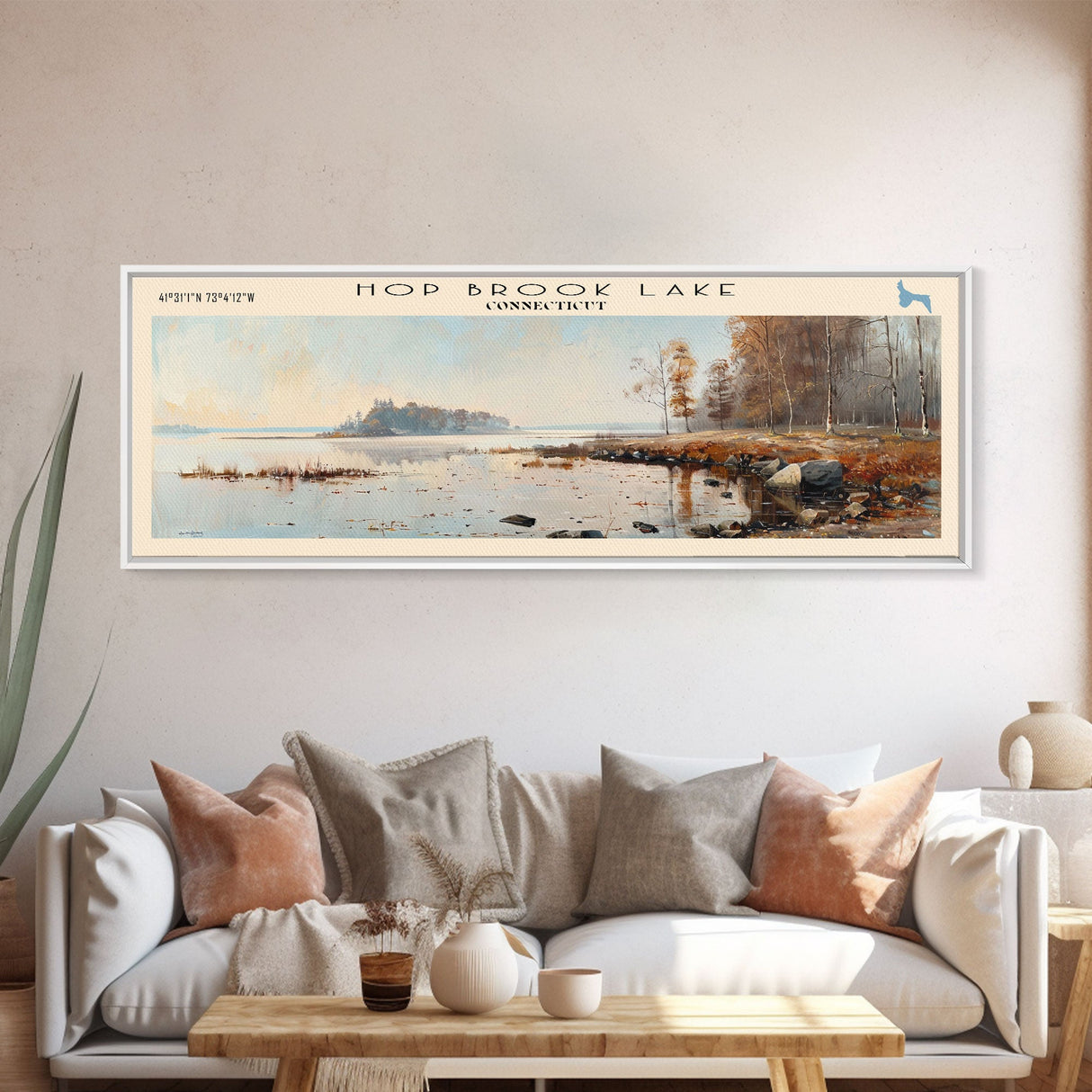 Hop Brook Lake Connecticut Framed Canvas Print, Lake House Art, Panoramic Wall Art, Travel Poster, Serene Lake Painting, Home Decor