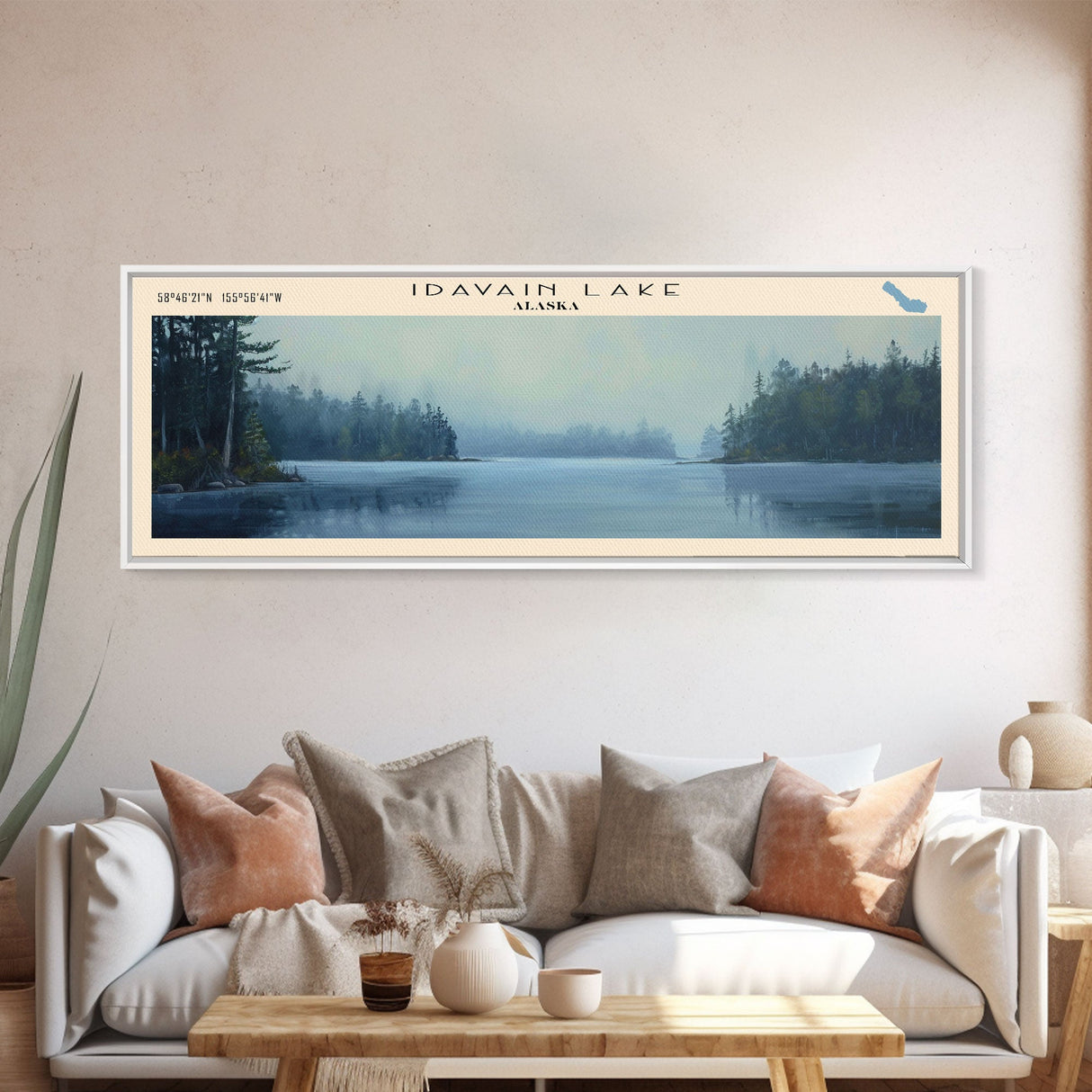 Idavain Lake Framed Canvas Print, Lake House Decor, Panoramic Wall Art, Travel Poster, Captivating Lake Painting, Nature Art