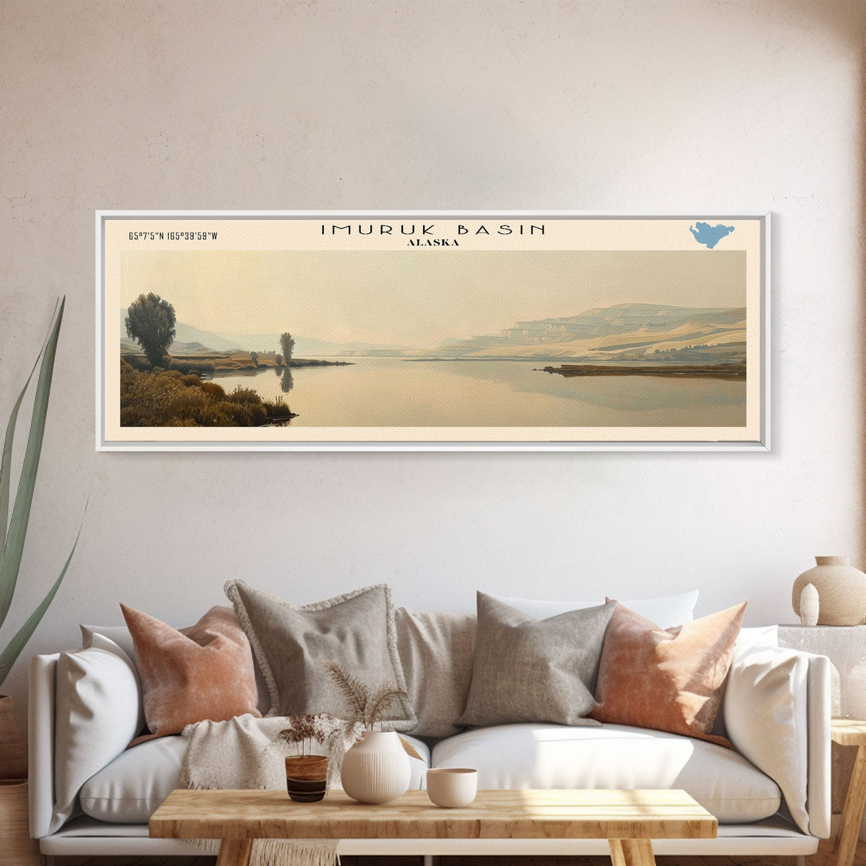 Imuruk Basin Framed Canvas Print, Lake House Decor, Panoramic Wall Art, Travel Poster, Beautiful Lake Painting, Home Decor