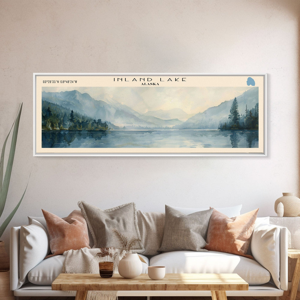 Inland Lake Framed Canvas Print, Lake House Art, Panoramic Wall Art, Travel Poster, Scenic Lake Painting, Nature Art