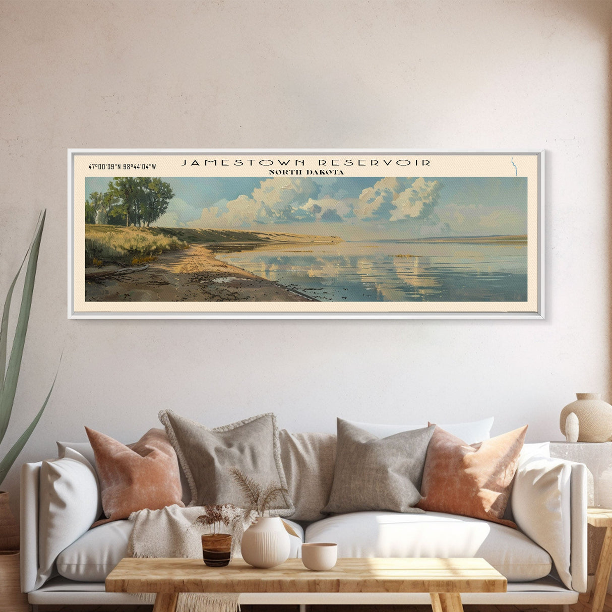 Jamestown Reservoir North Dakota Framed Canvas Print, Lake House Art, Panoramic Wall Art, Travel Poster, Serene Lake Painting, Home Decor