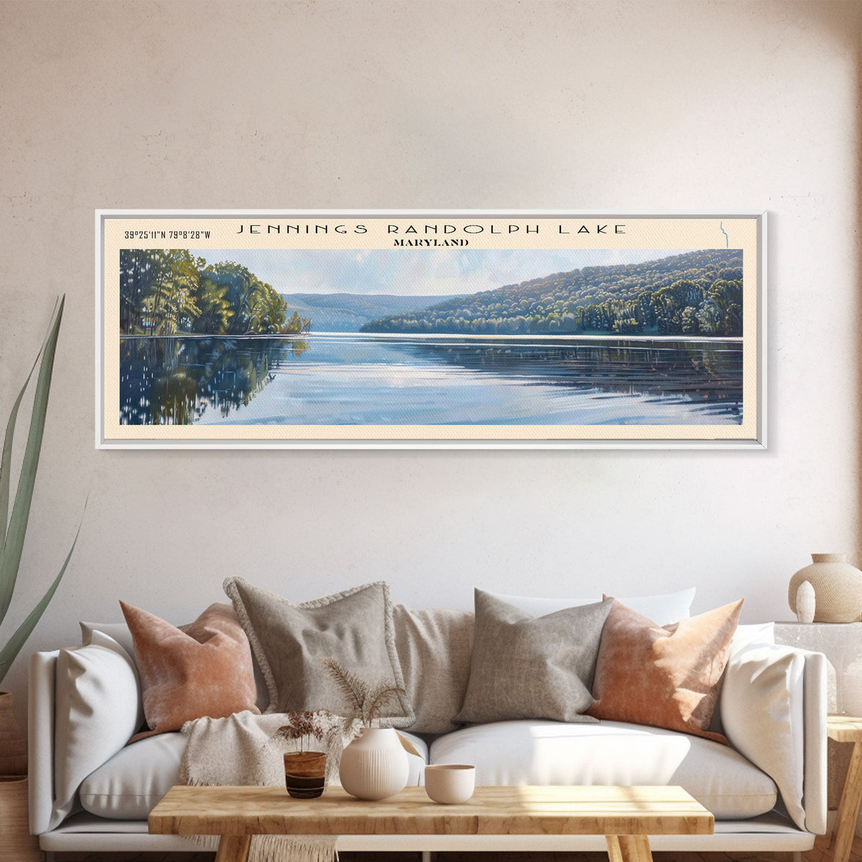 Jennings Randolph Lake Maryland Framed Canvas Print, Panoramic Lake House Decor, Wall Art, Travel Poster, Beautiful Lake Painting, Nature Art