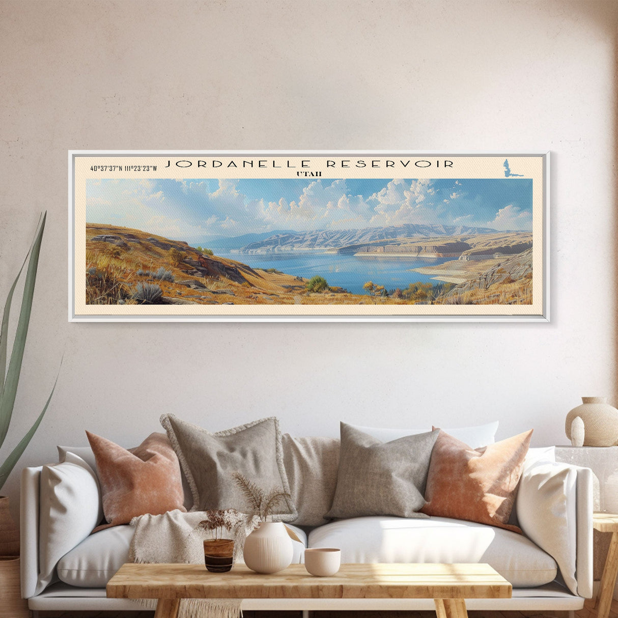 Jordanelle Reservoir Utah Framed Canvas Print, Lake House Art, Panoramic Wall Art, Travel Poster, Serene Lake Painting, Home Decor