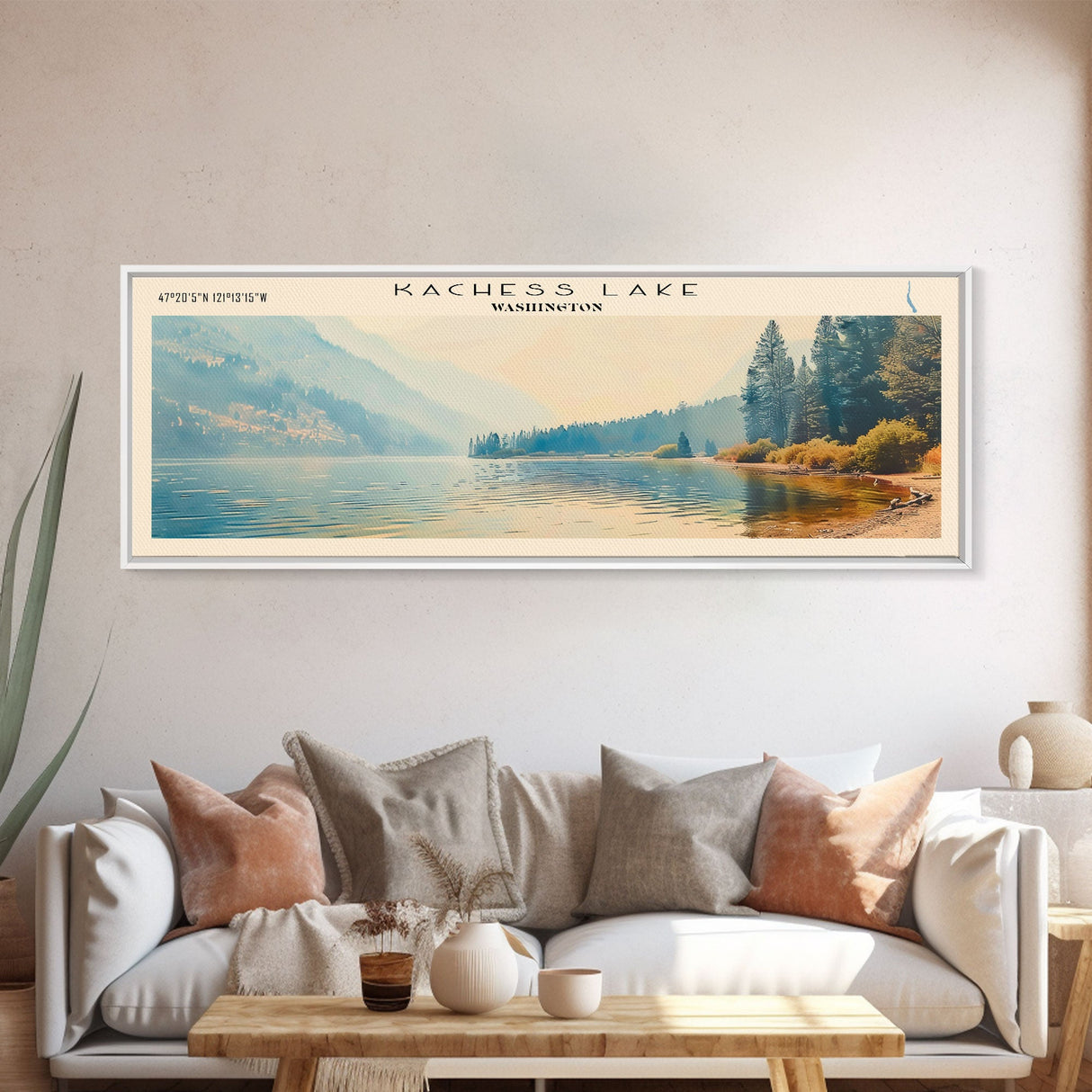 Kachess Lake Washington Framed Canvas Print, Lake House Art, Panoramic Wall Art, Travel Poster, Beautiful Lake Painting, Home Decor