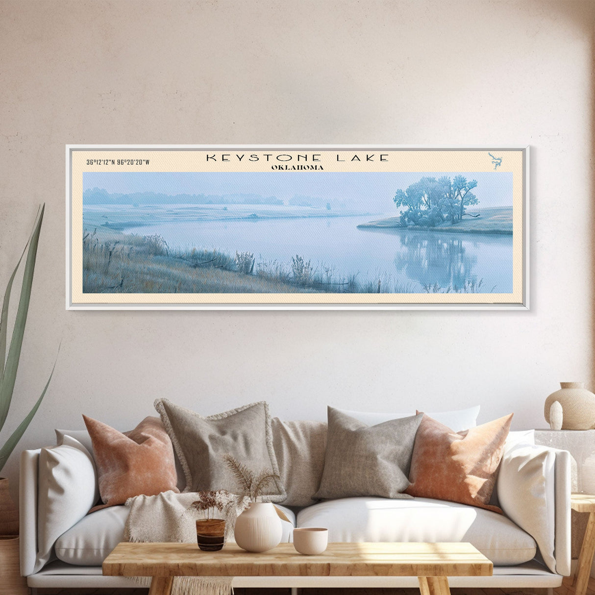 Keystone Lake Oklahoma Framed Canvas Print, Panoramic Lake House Decor, Wall Art, Travel Poster, Serene Lake Painting, Nature Art