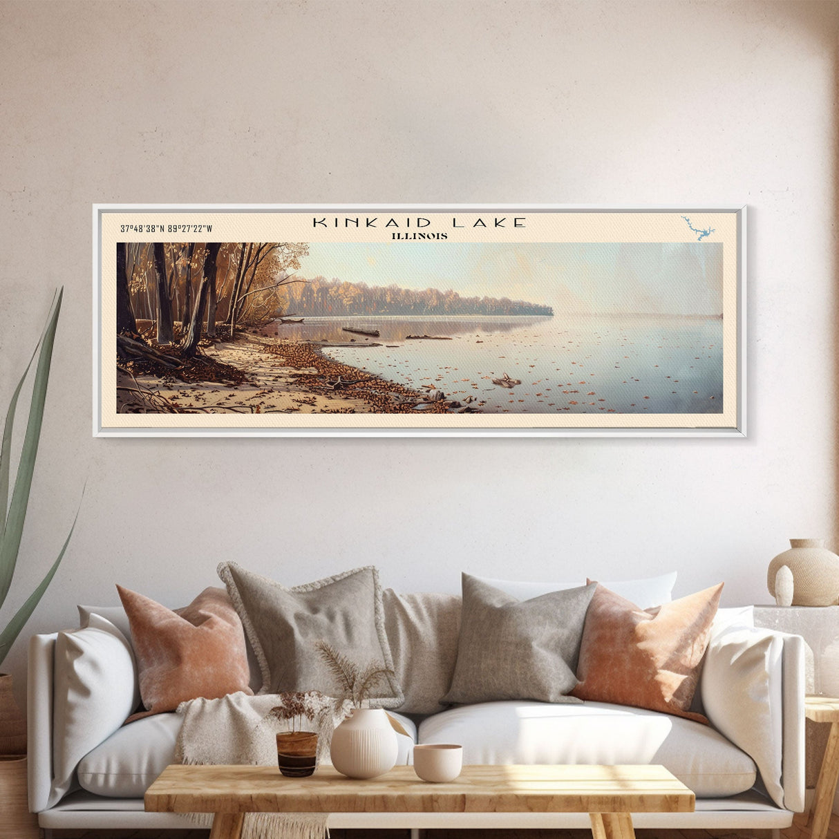 Kinkaid Lake Illinois Framed Canvas Print, Panoramic Lake House Decor, Wall Art, Travel Poster, Stunning Lake Painting, Nature Art