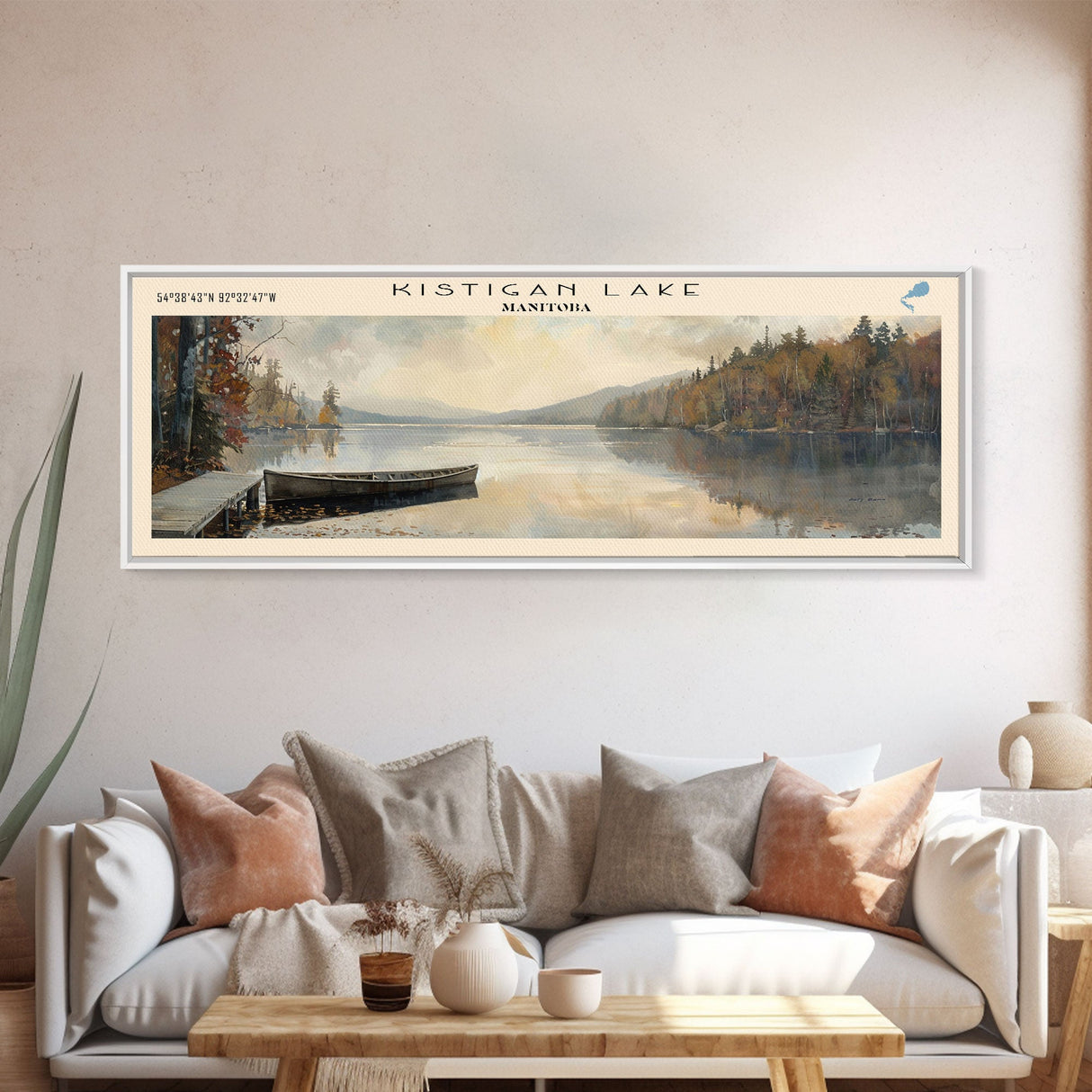 Kistigan Lake Framed Canvas Print, Lake House Decor, Panoramic Wall Art, Travel Poster, Beautiful Lake Painting, Nature Art