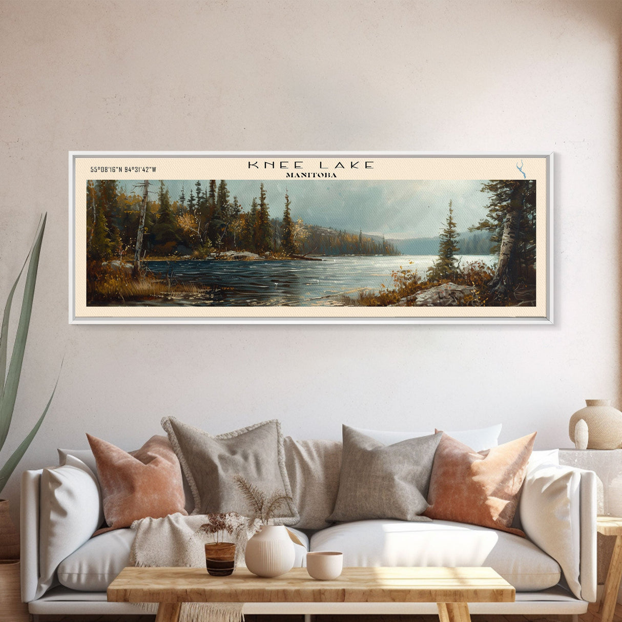 Knee Lake Framed Canvas Print, Panoramic Lake House Decor, Wall Art, Travel Poster, Scenic Lake Painting, Nature Art