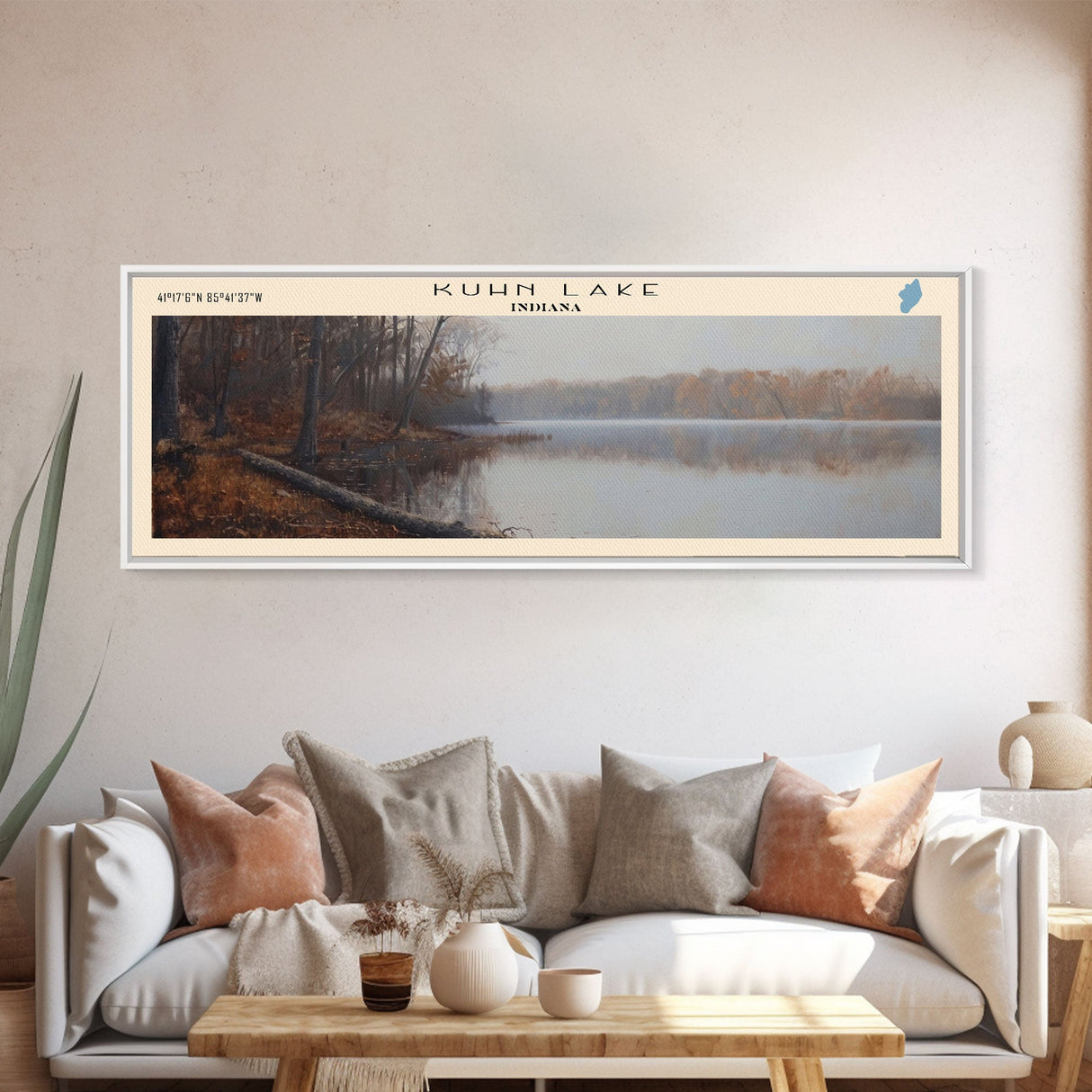 Kuhn Lake Indiana Framed Canvas Print, Lake House Art, Panoramic Wall Art, Travel Poster, Serene Lake Painting, Home Decor