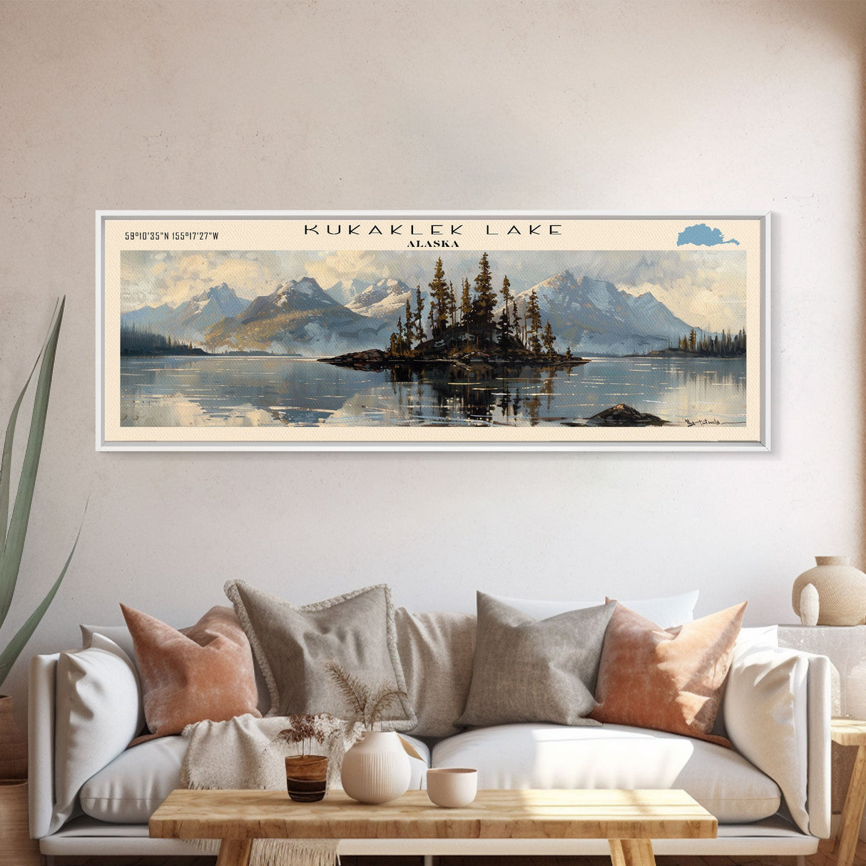 Kukaklek Lake Framed Canvas Print, Panoramic Lake House Decor, Wall Art, Travel Poster, Peaceful Lake Painting, Nature Art