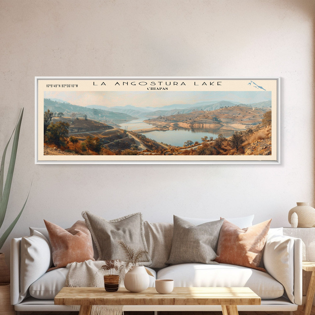 La Angustura Dam Framed Canvas Print, Lake House Art, Panoramic Wall Art, Travel Poster, Beautiful Lake Painting, Home Decor