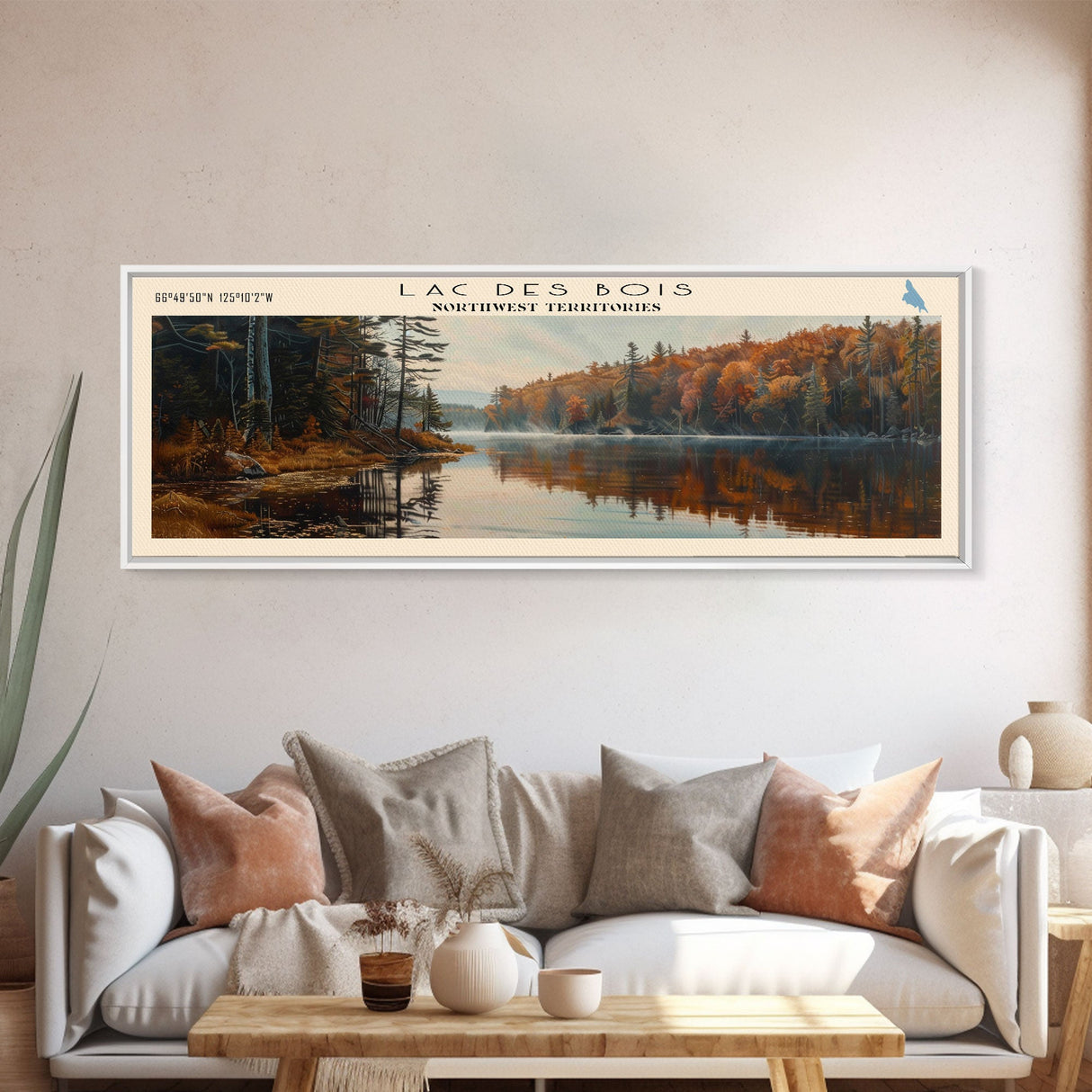 Lac Des Bois Framed Canvas Print, Panoramic Lake House Decor, Wall Art, Travel Poster, Serene Lake Painting, Nature Art