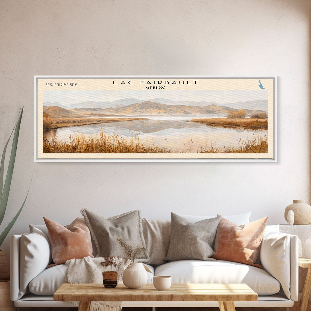 Lac Fairbault Framed Canvas Print, Panoramic Lake House Decor, Wall Art, Travel Poster, Beautiful Lake Painting, Home Decor