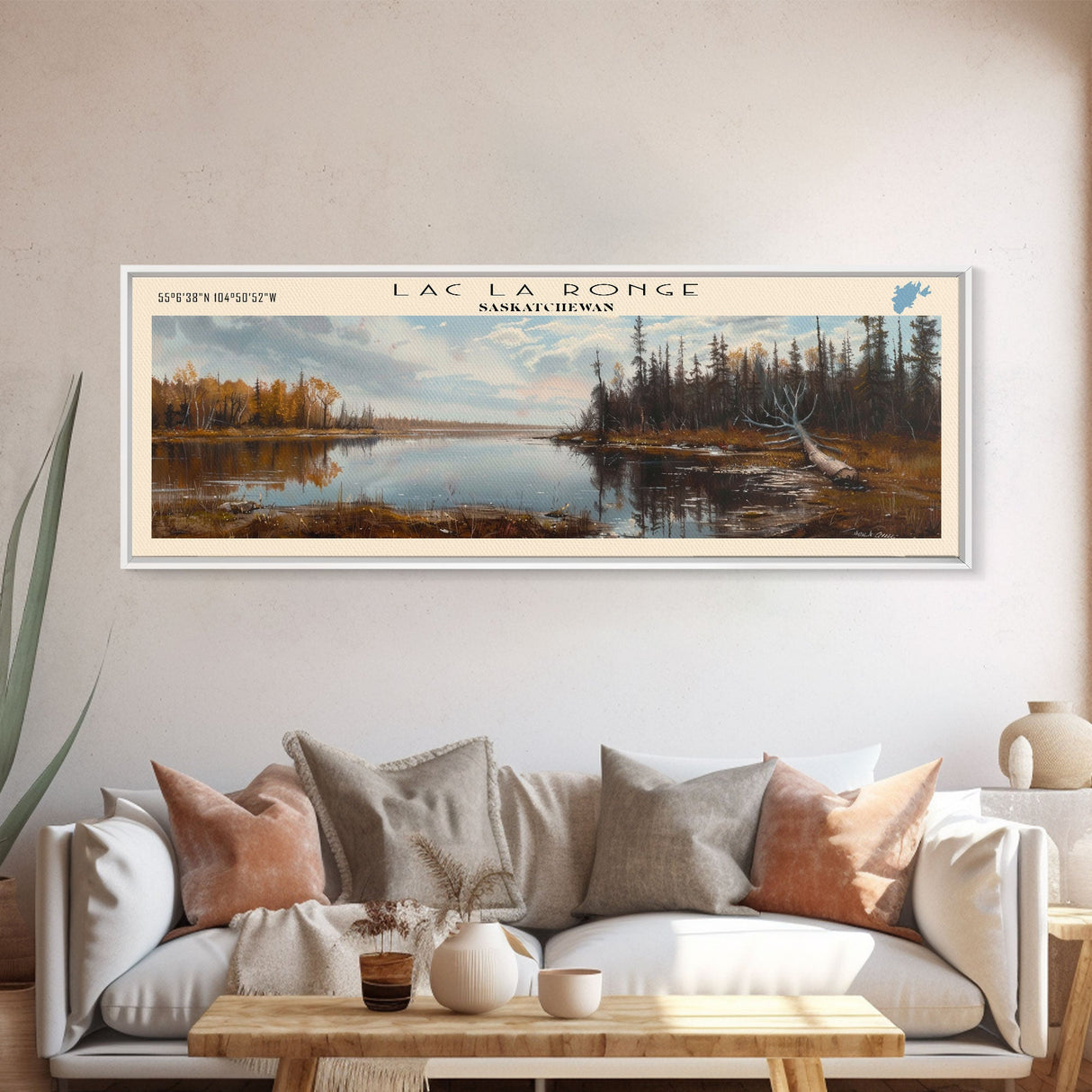 Lac La Ronge Framed Canvas Print, Lake House Art, Panoramic Wall Art, Travel Poster, Captivating Lake Painting, Nature Art