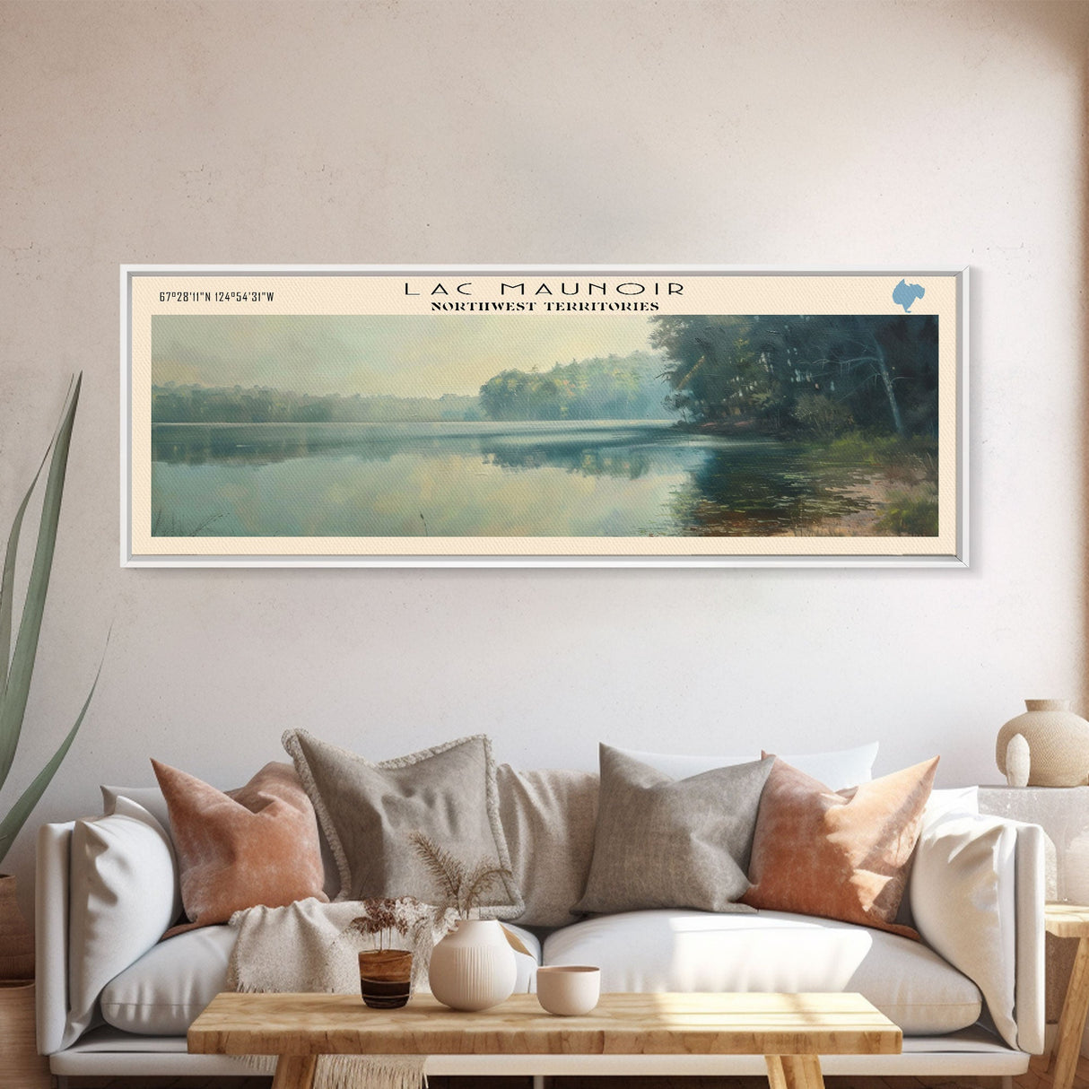 Lac Maunoiri Framed Canvas Print, Panoramic Lake House Decor, Wall Art, Travel Poster, Serene Lake Painting, Nature Art