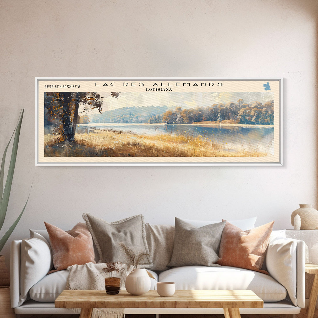 Lac des Allemands Louisiana Framed Canvas Print, Panoramic Lake House Decor, Wall Art, Travel Poster, Captivating Lake Painting, Nature Art