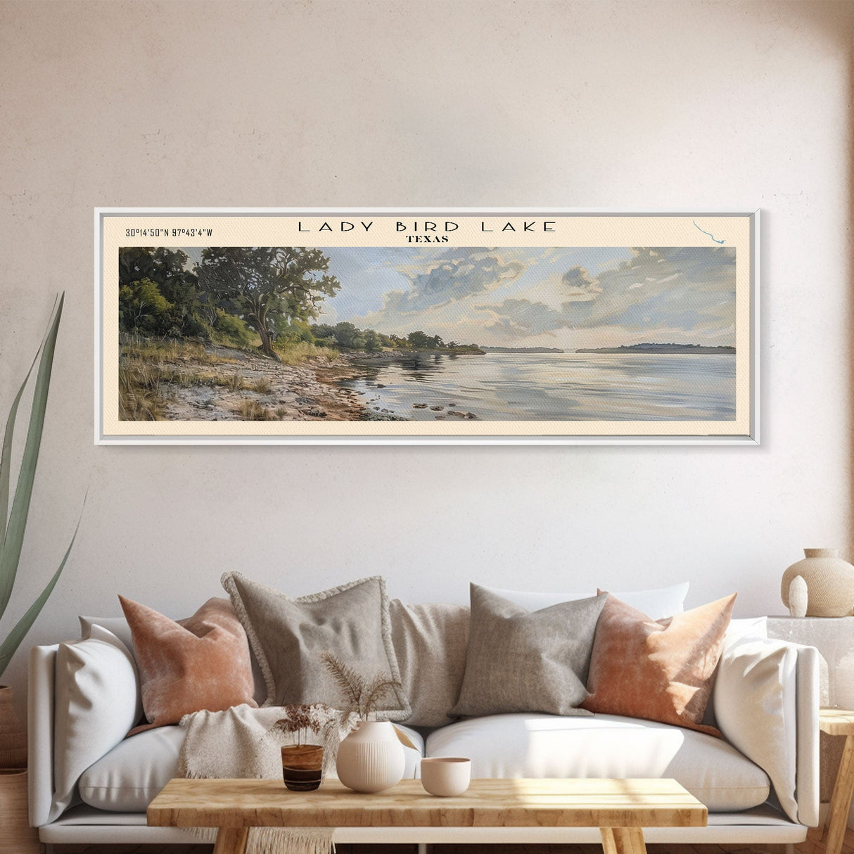 Lady Bird Lake Texas Framed Canvas Print, Lake House Decor, Panoramic Wall Art, Travel Poster, Beautiful Lake Painting, Nature Art