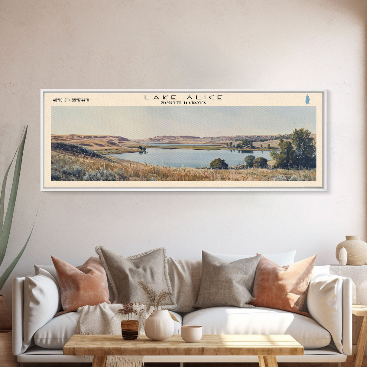 Lake Alice North Dakota Framed Canvas Print, Panoramic Lake House Decor, Wall Art, Travel Poster, Scenic Lake Painting, Nature Art