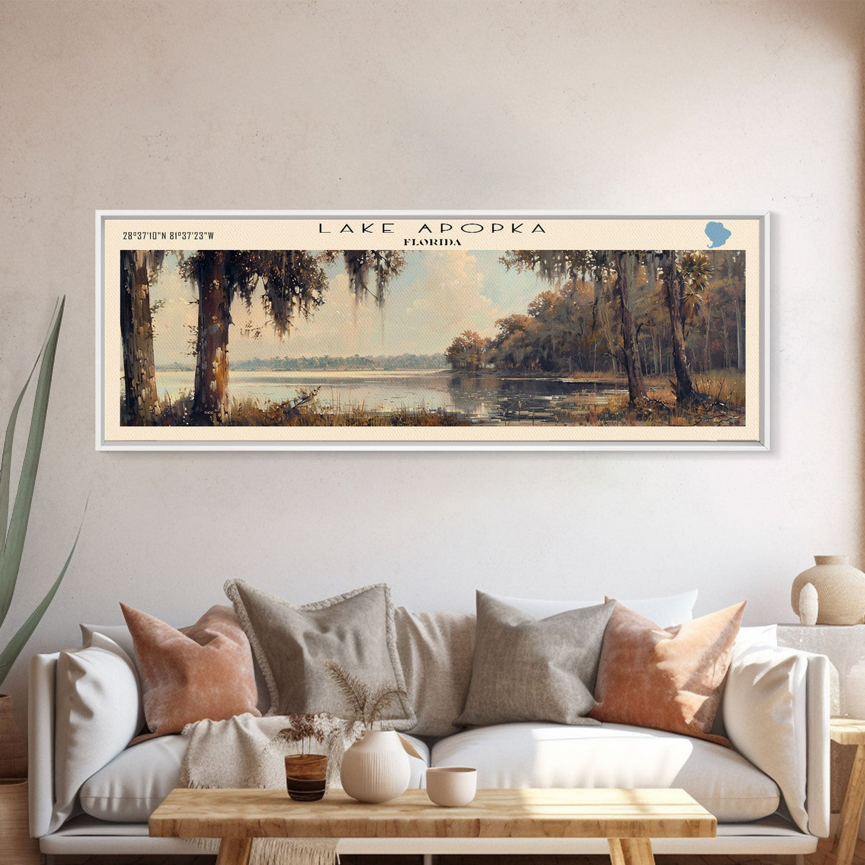 Lake Apopka Florida Framed Canvas Print, Panoramic Lake House Decor, Wall Art, Travel Poster, Stunning Lake Painting, Nature Art