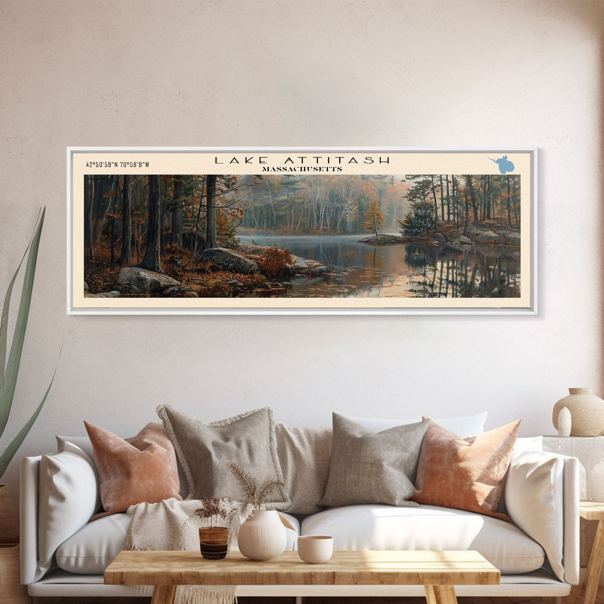 Lake Attitash Massachusetts Framed Canvas Print, Lake House Art, Panoramic Wall Art, Travel Poster, Scenic Lake Painting, Nature Art