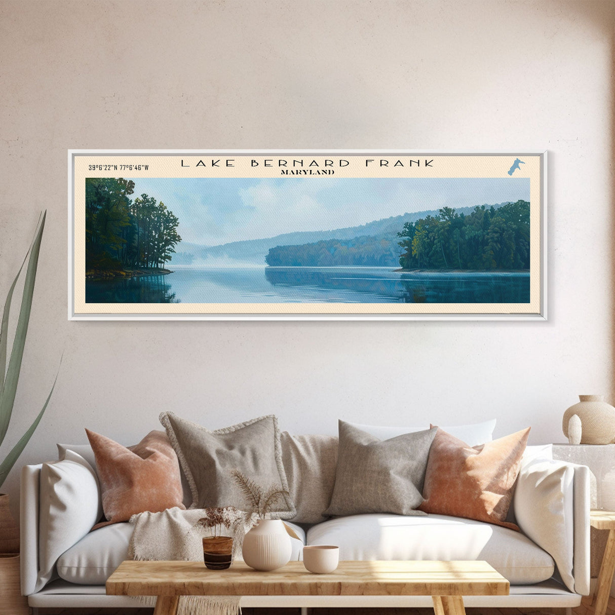 Lake Bernard Frank Maryland Framed Canvas Print, Lake House Art, Panoramic Wall Art, Travel Poster, Scenic Lake Painting, Nature Art