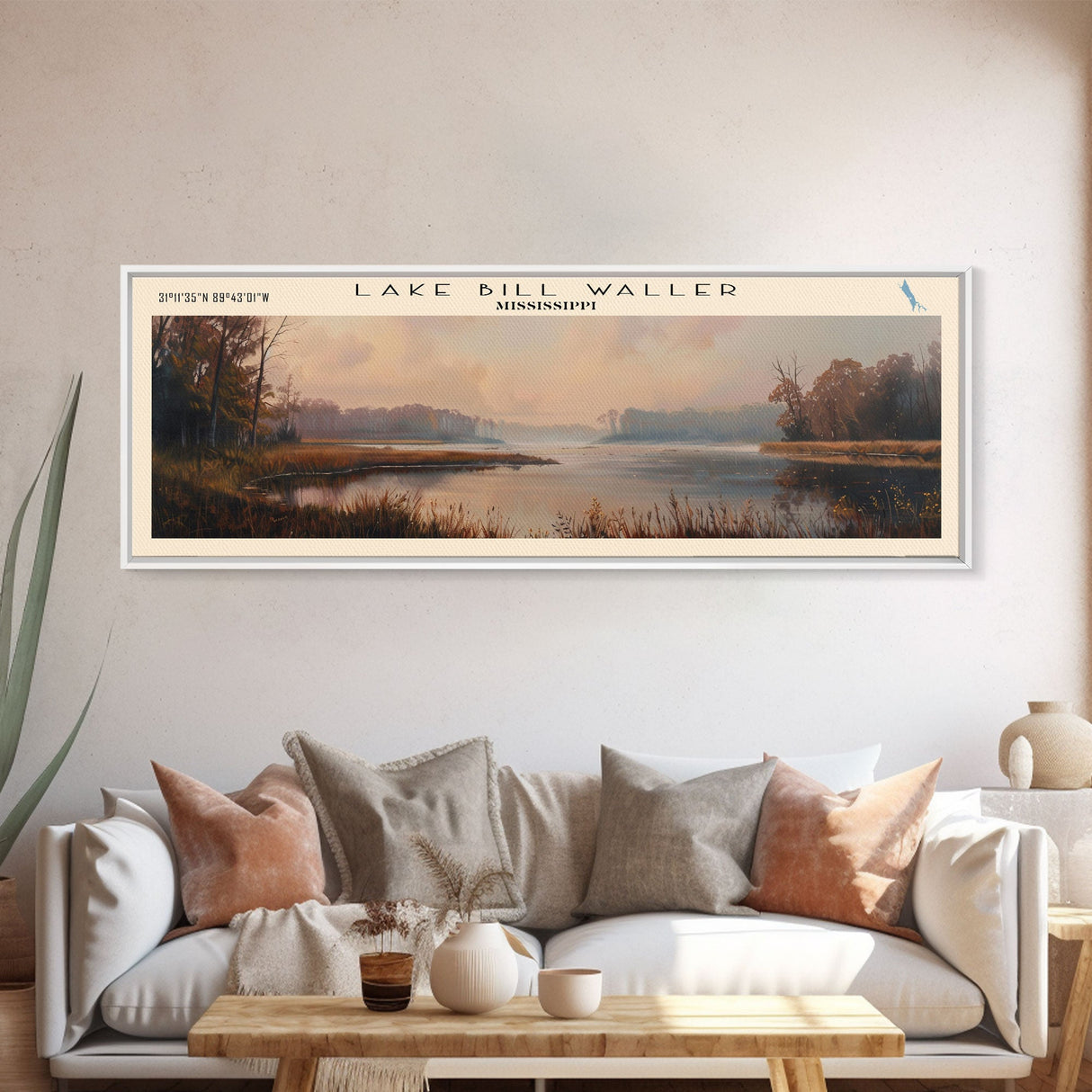 Lake Bill Waller Mississippi Framed Canvas Print, Lake House Decor, Panoramic Wall Art, Travel Poster, Captivating Lake Painting, Nature Art