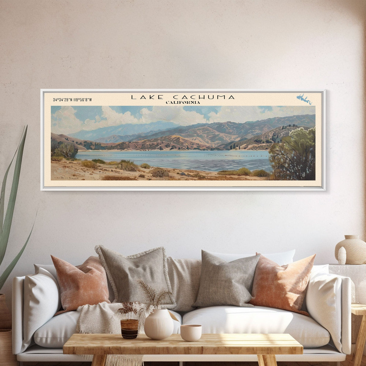 Lake Cachuma California Framed Canvas Print, Panoramic Lake House Decor, Wall Art, Travel Poster, Captivating Lake Painting, Nature Art