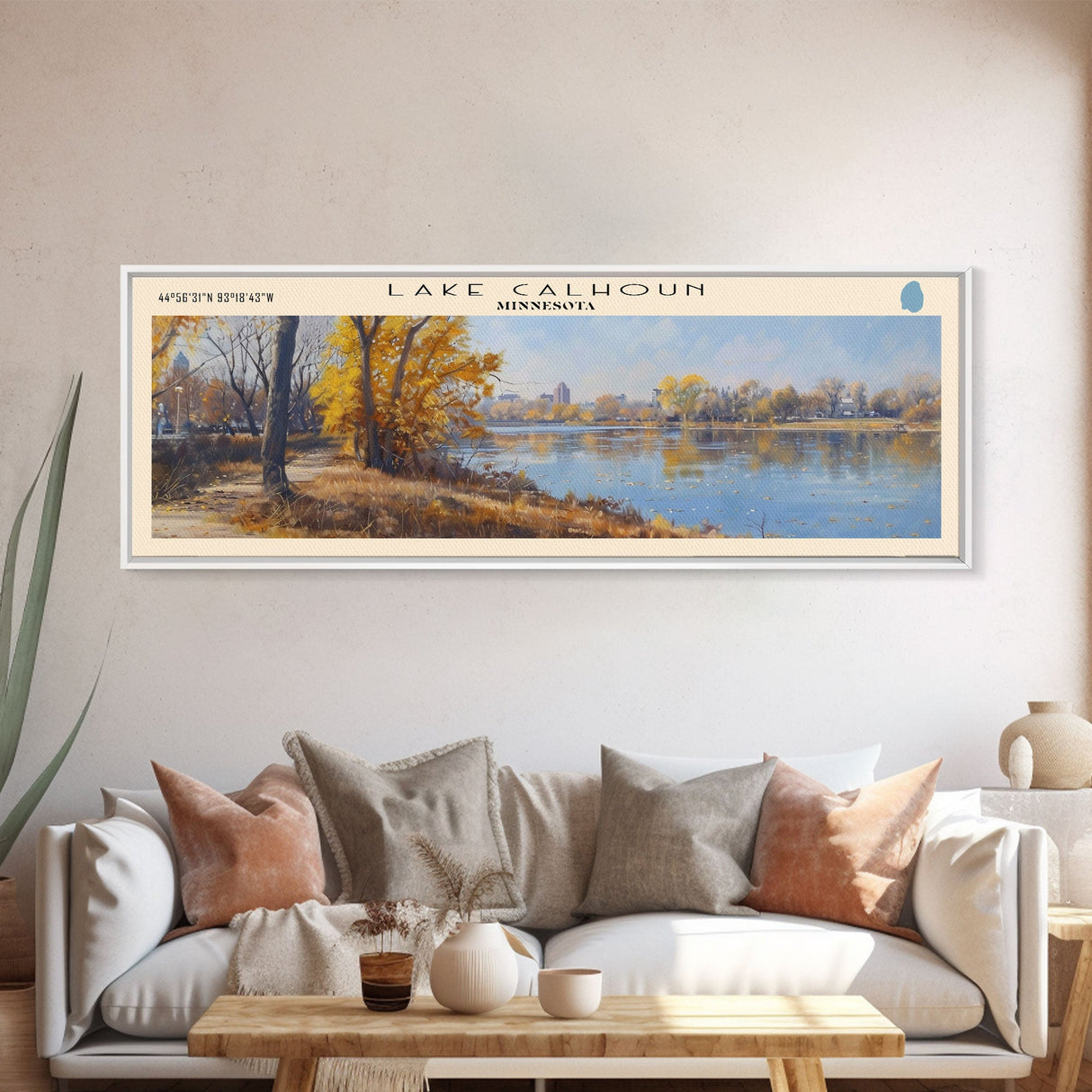 Lake Calhoun Minnesota Framed Canvas Print, Panoramic Lake House Decor, Wall Art, Travel Poster, Serene Lake Painting, Nature Art