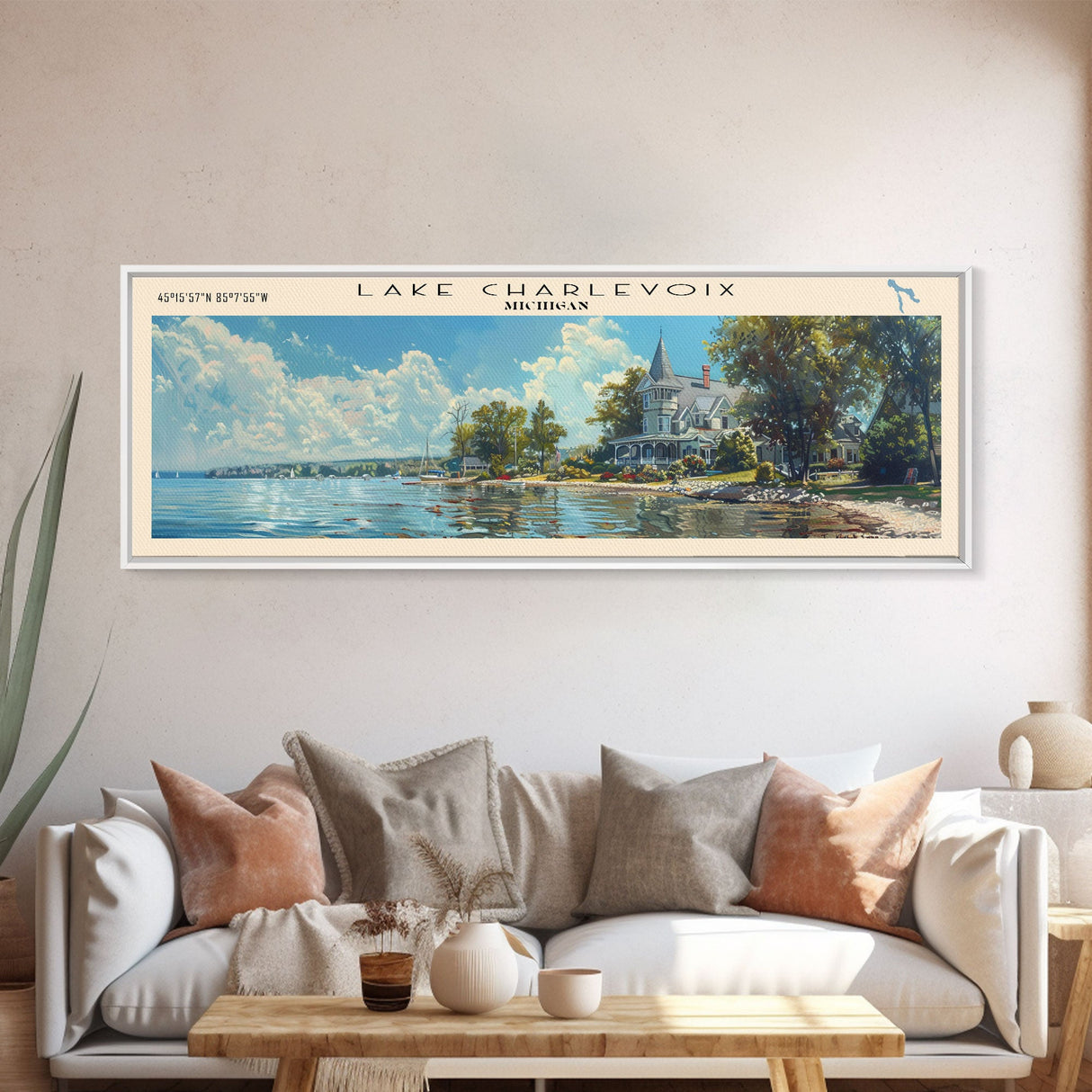 Lake Charlevoix Michigan Framed Canvas Print, Lake House Decor, Panoramic Wall Art, Travel Poster, Stunning Landscape Painting, Home Art