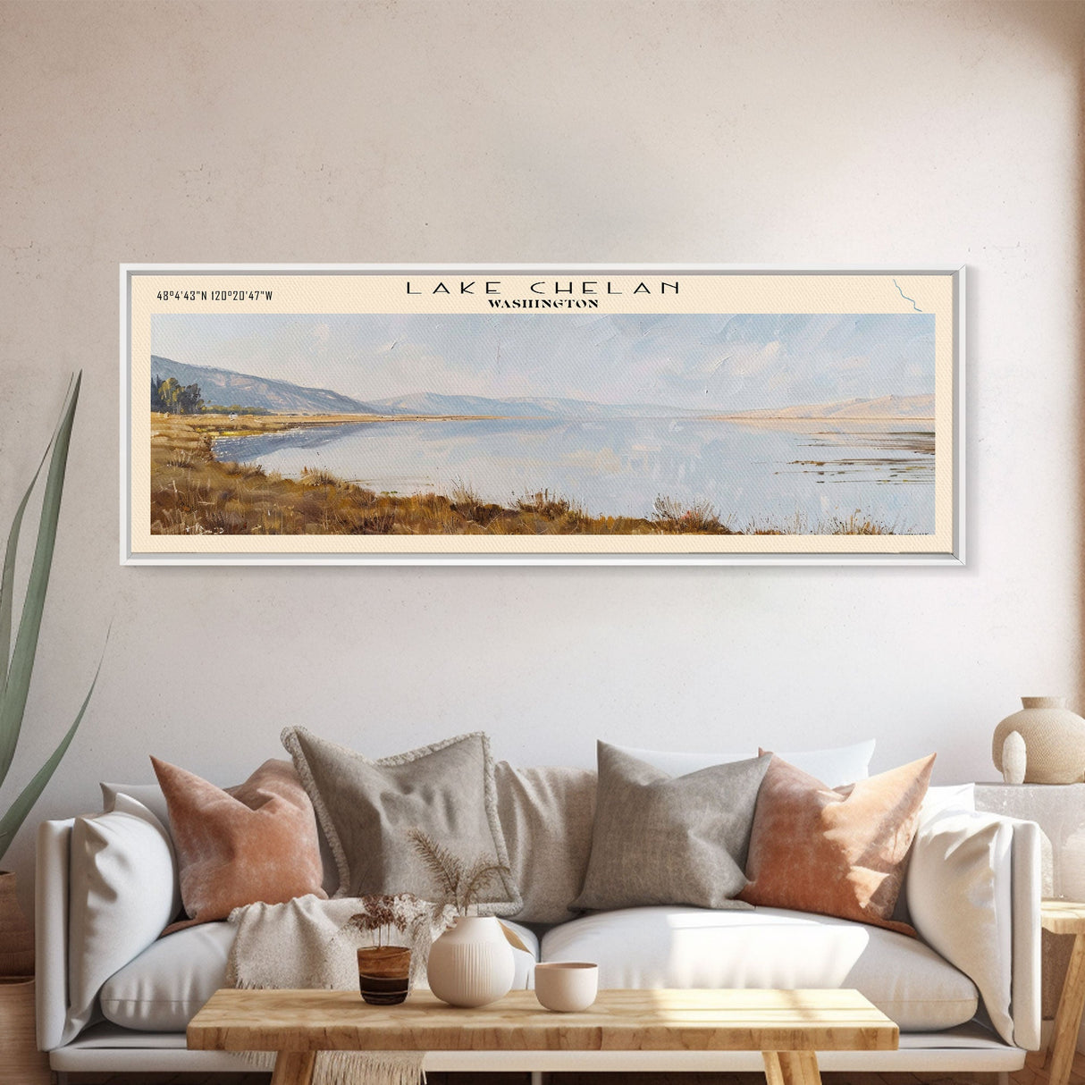 Lake Chelan Washington Framed Canvas Print, Lake House Decor, Panoramic Wall Art, Travel Poster, Scenic Lake Painting, Nature Art