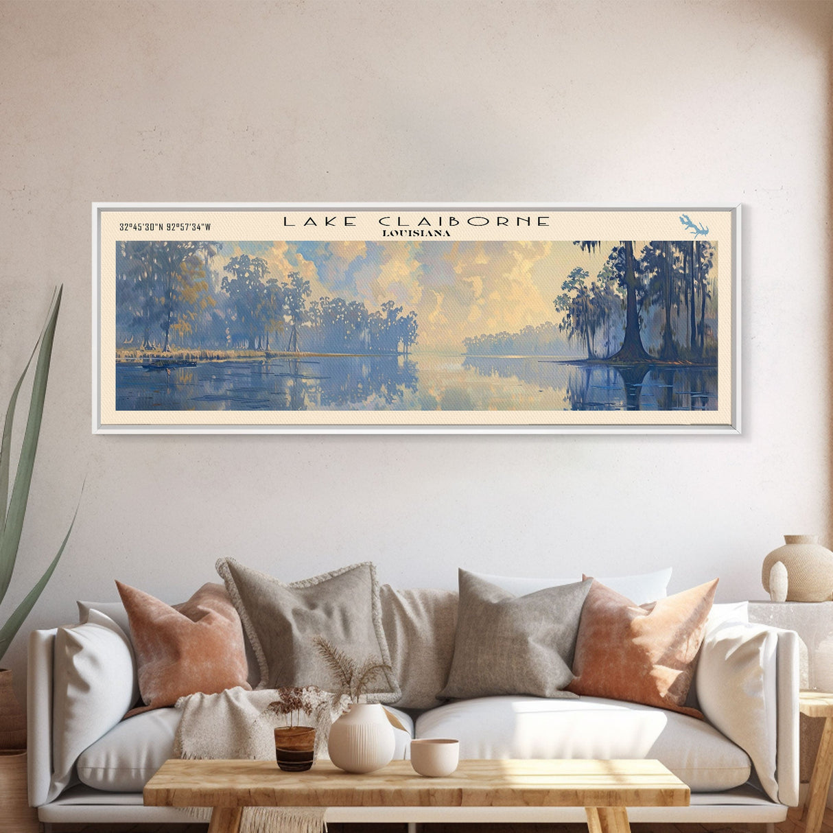 Lake Claiborne Louisiana Framed Canvas Print, Lake House Decor, Panoramic Wall Art, Travel Poster, Serene Lake Painting, Nature Art