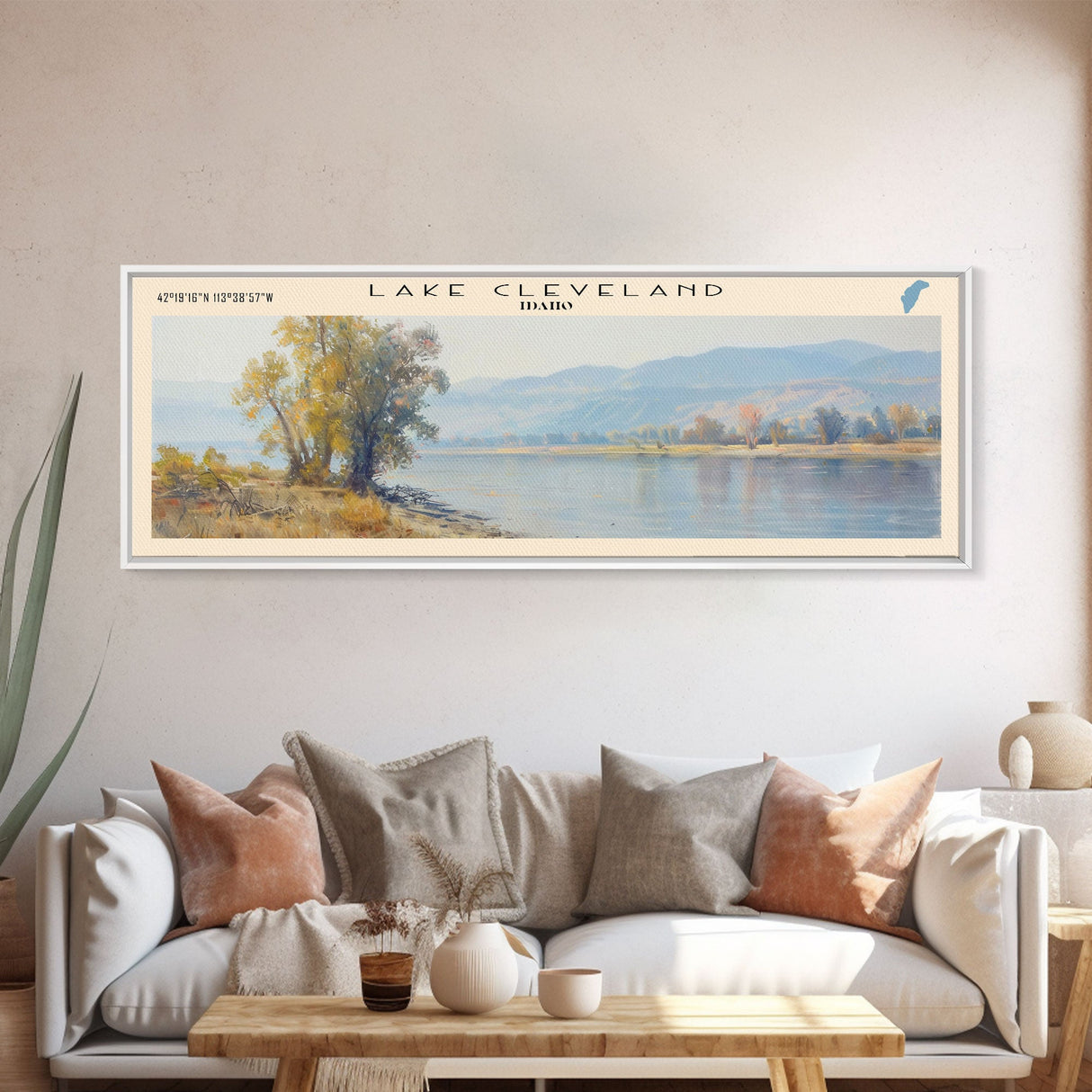 Lake Cleveland Idaho Framed Canvas Print, Lake House Decor, Panoramic Wall Art, Travel Poster, Stunning Lake Painting, Home Art