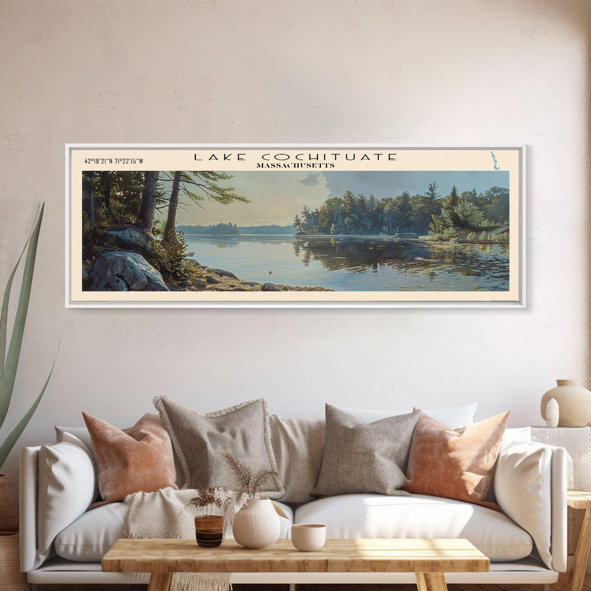 Lake Cochituate Massachusetts Framed Canvas Print, Lake House Decor, Panoramic Wall Art, Travel Poster, Beautiful Lake Painting, Nature Art