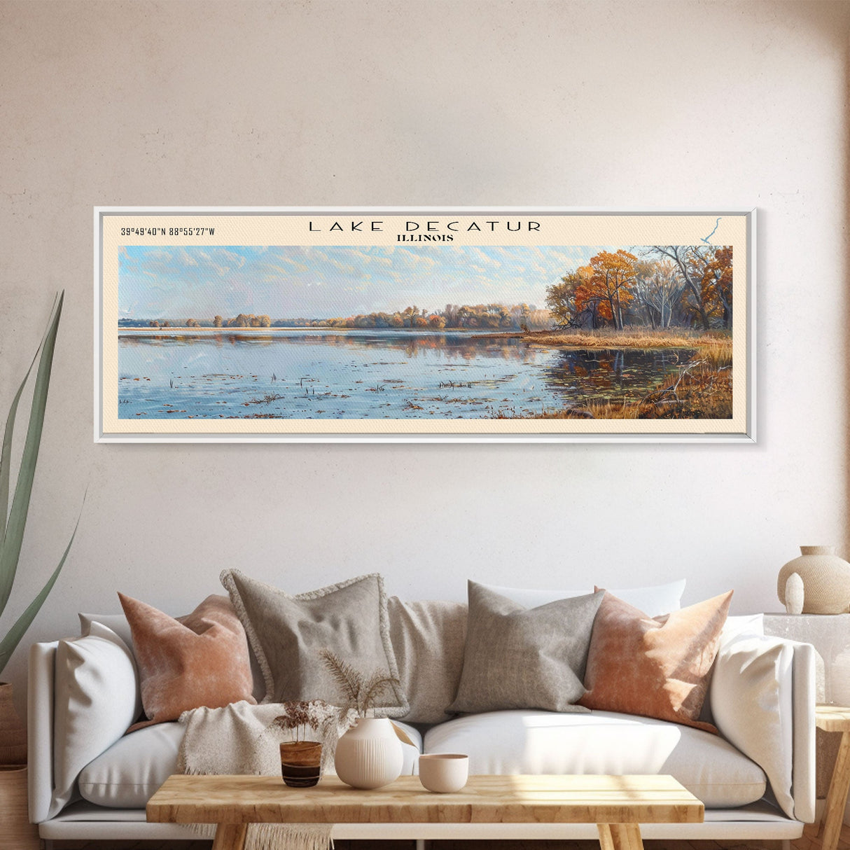 Lake Decatur Illinois Framed Canvas Print, Lake House Decor, Panoramic Wall Art, Travel Poster, Beautiful Lake Painting, Nature Art