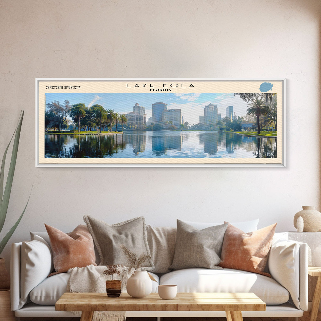 Lake Eola Florida Framed Canvas Print, Lake House Decor, Panoramic Wall Art, Travel Poster, Scenic Lake Painting, Nature Art