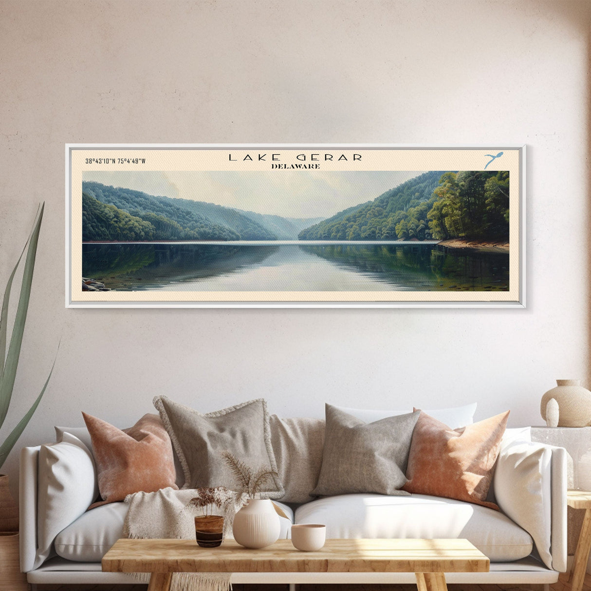 Lake Gerar Delaware Framed Canvas Print, Lake House Decor, Panoramic Wall Art, Travel Poster, Beautiful Lake Painting, Home Art