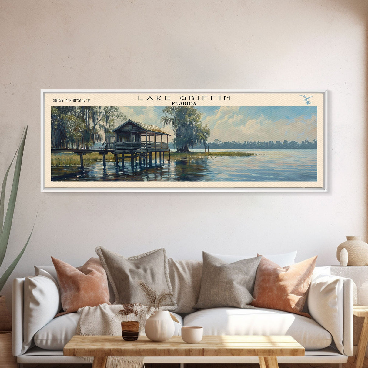 Lake Griffin Florida Framed Canvas Print, Lake House Decor, Panoramic Wall Art, Travel Poster, Beautiful Lake Painting, Nature Art