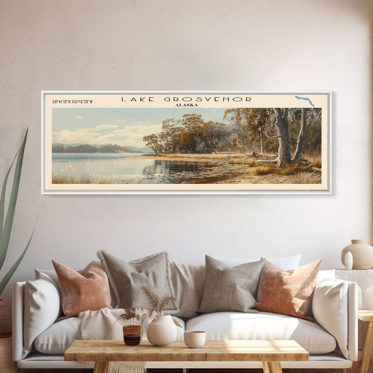 Lake Grosvenor Framed Canvas Print, Lake House Decor, Panoramic Wall Art, Travel Poster, Stunning Landscape Painting, Home Art