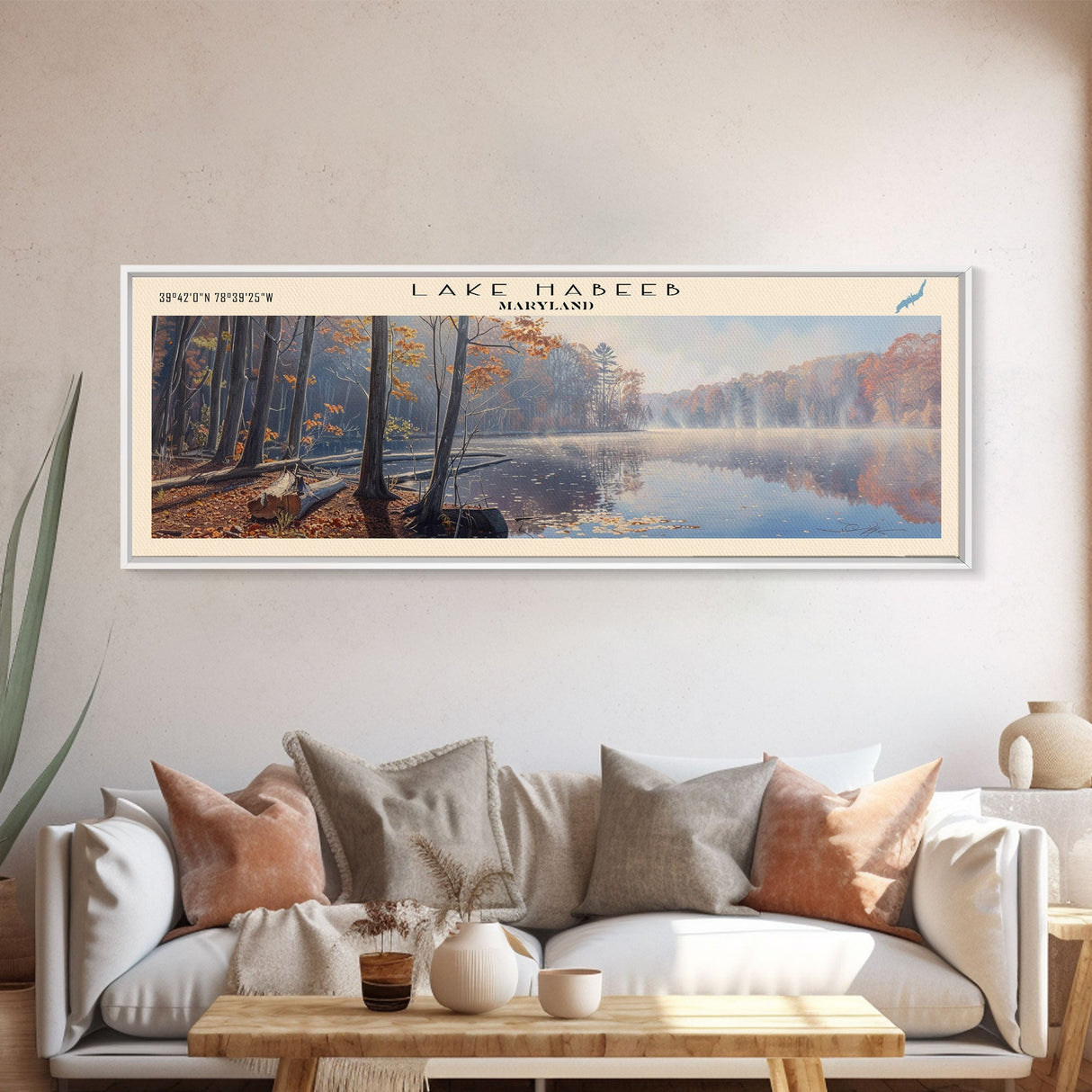 Lake Habeeb Maryland Framed Canvas Print, Lake House Decor, Panoramic Wall Art, Travel Poster, Serene Lake Painting, Nature Art