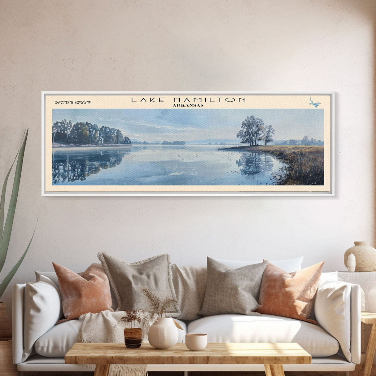 Lake Hamilton Arkansas Framed Canvas Print, Lake House Decor, Panoramic Wall Art, Travel Poster, Beautiful Lake Painting, Home Art