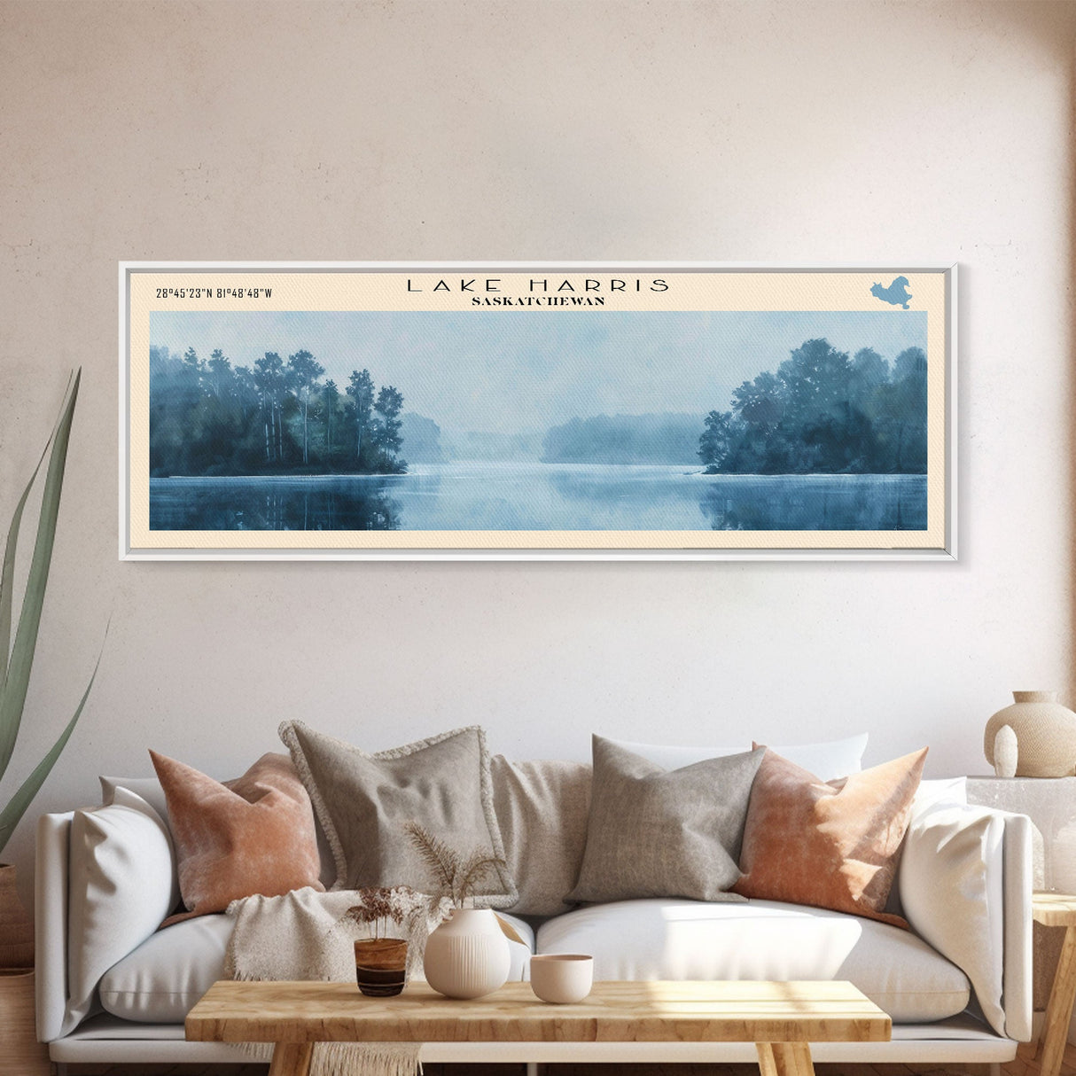 Lake Harris Framed Canvas Print, Lake House Decor, Panoramic Wall Art, Travel Poster, Stunning Lake Painting, Home Art