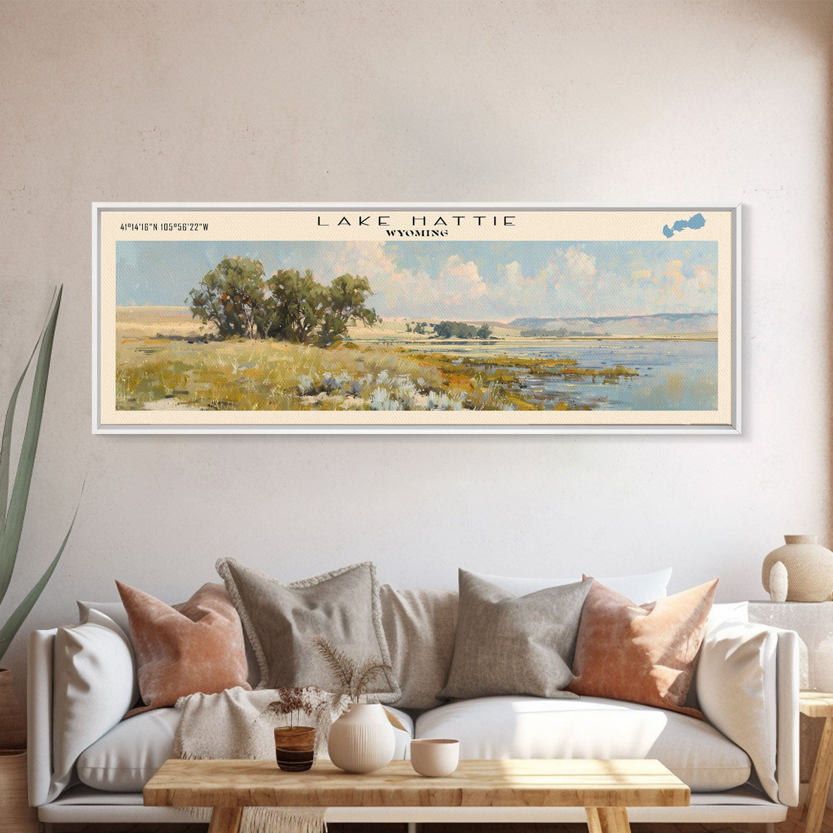 Lake Hattie Wyoming Framed Canvas Print, Lake House Decor, Panoramic Wall Art, Travel Poster, Beautiful Lake Painting, Home Art