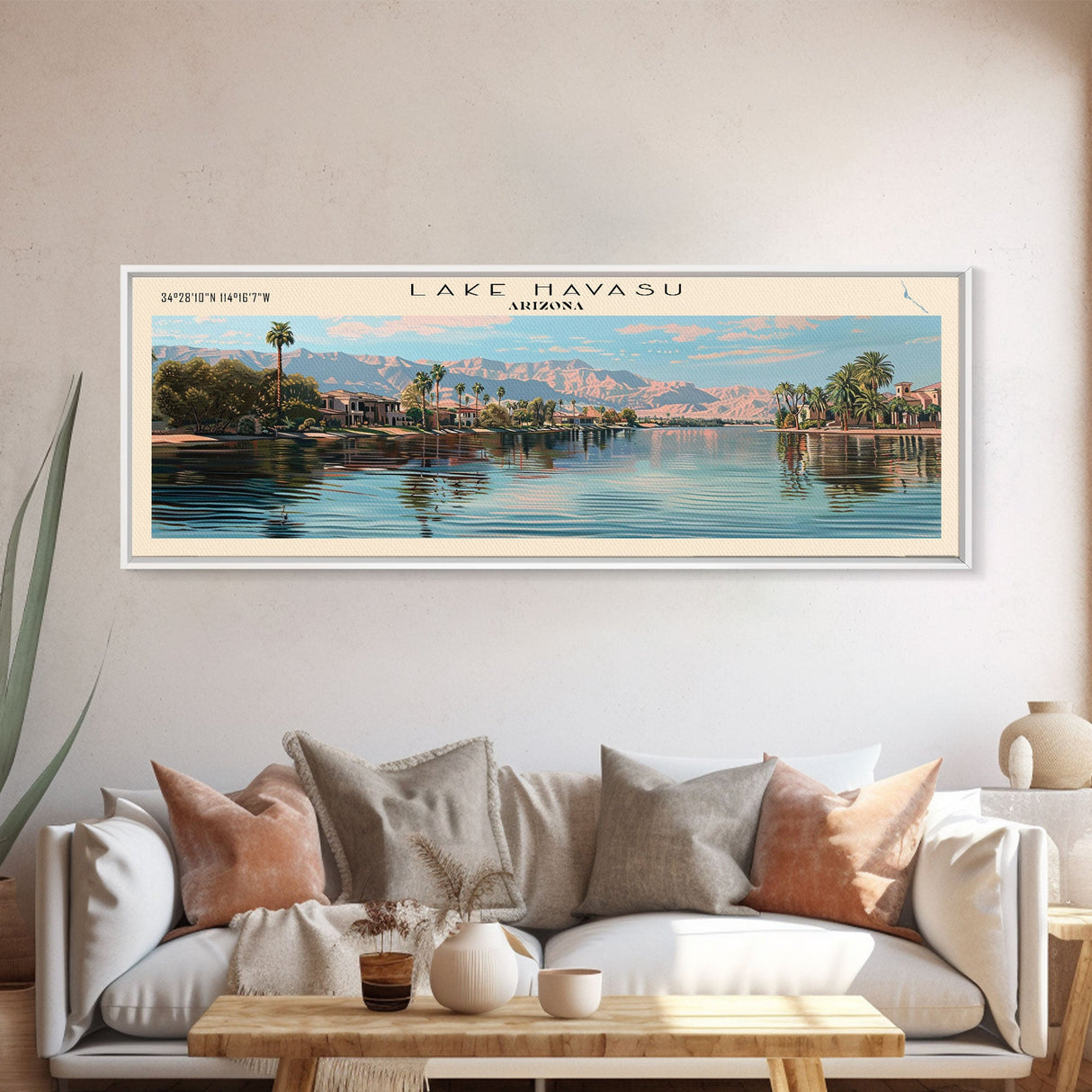 Lake Havasu Arizona Framed Canvas Print, Lake House Decor, Panoramic Wall Art, Travel Poster, Scenic Lake Painting, Nature Art