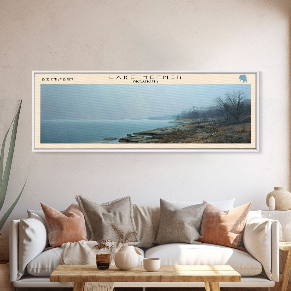 Lake Hefner Oklahoma Framed Canvas Print, Lake House Decor, Panoramic Wall Art, Travel Poster, Stunning Lake Painting, Home Art