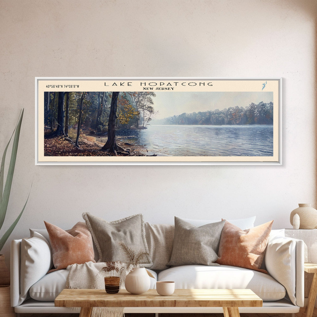 Lake Hopatcong New Jersey Framed Canvas Print, Lake House Decor, Panoramic Wall Art, Travel Poster, Beautiful Lake Painting, Home Art