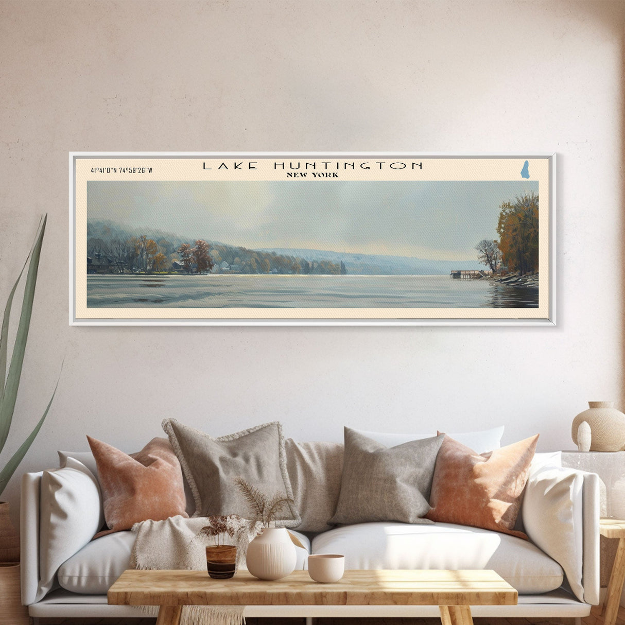 Lake Huntington New York Framed Canvas Print, Lake House Decor, Panoramic Wall Art, Travel Poster, Scenic Landscape Painting, Nature Art